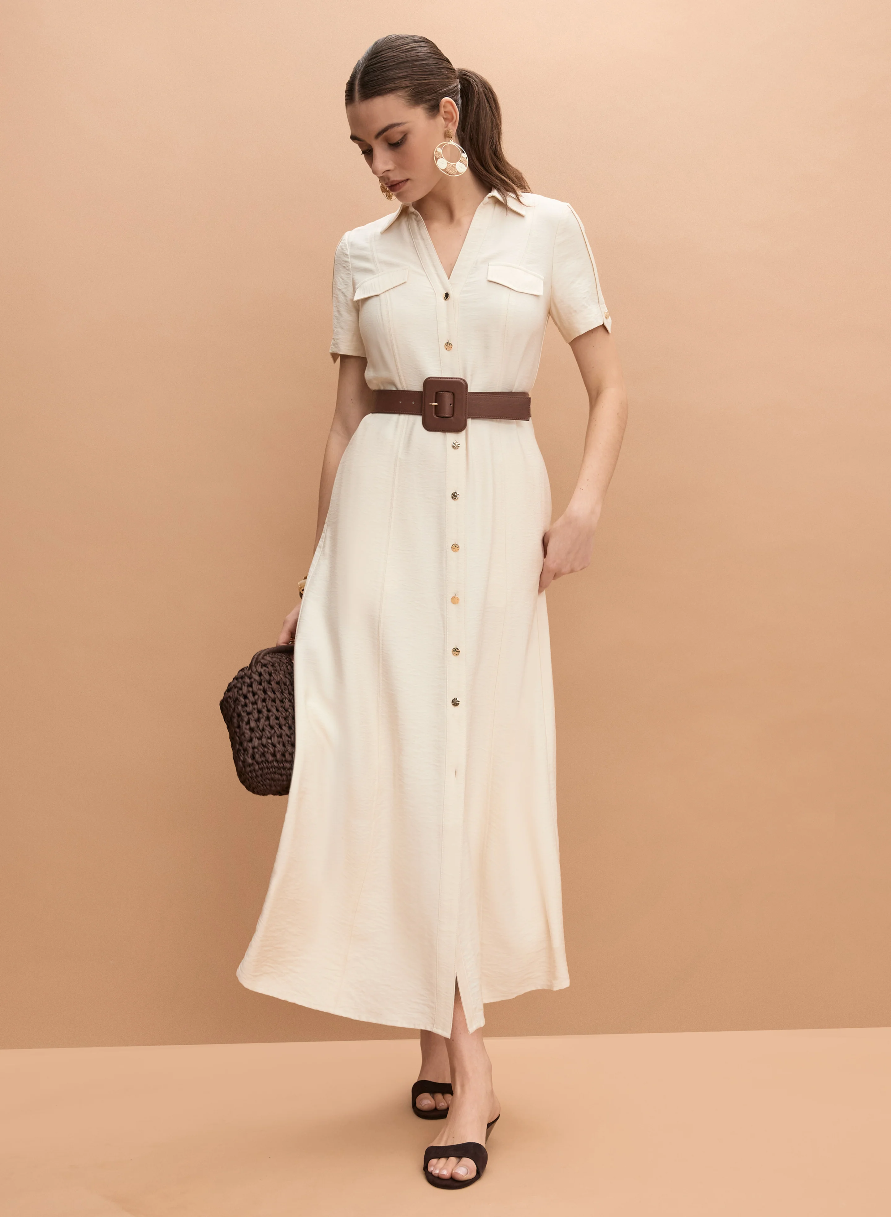 Belted Shirt Dress & Woven Straw Bag