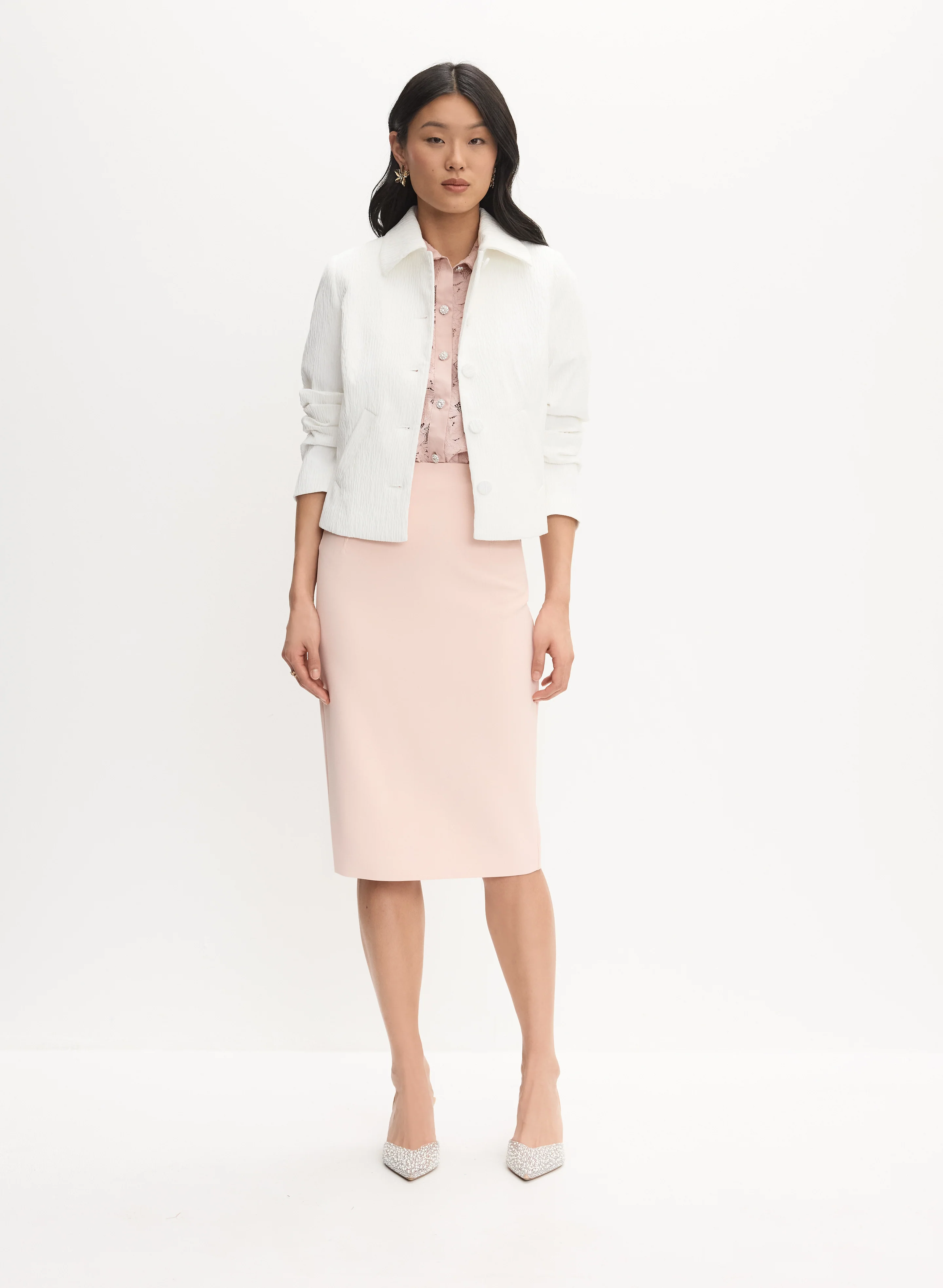 Crinkled Cropped Jacket & Seam Waist Pencil Skirt