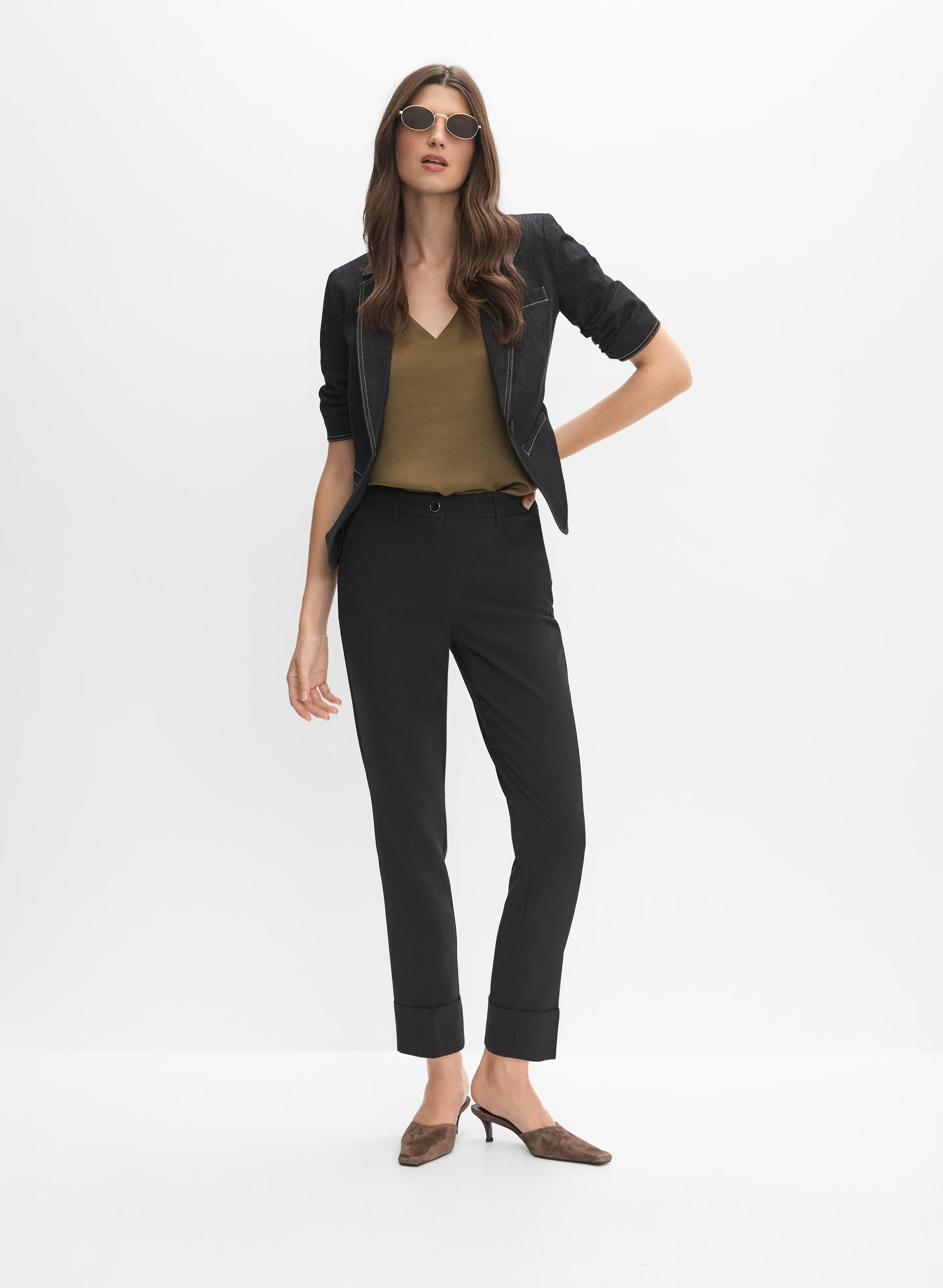 Denim Short-Sleeve Blazer & Cuffed Straight-Leg Pants