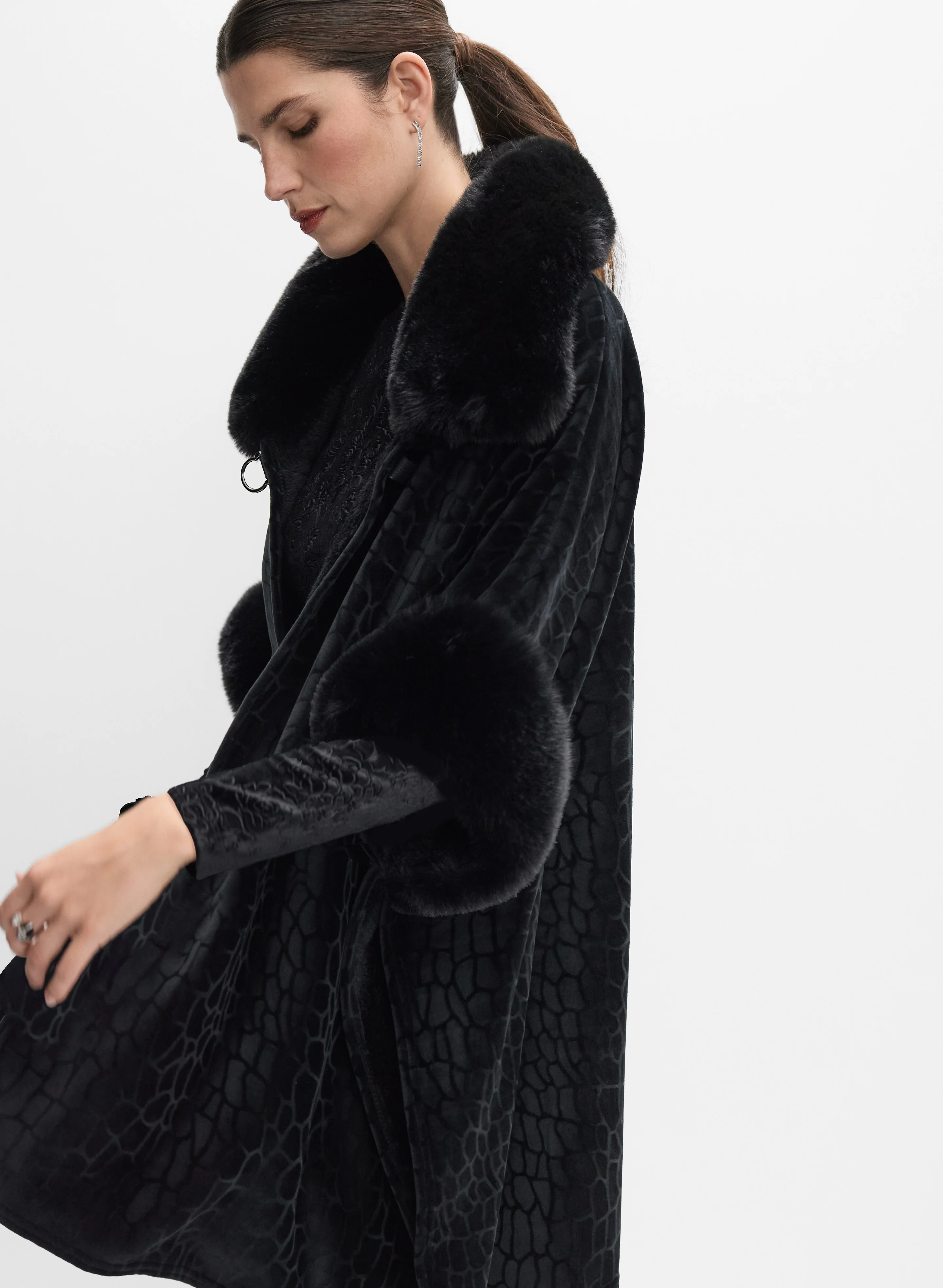 Embossed Faux-Fur Trim Poncho - Image 3