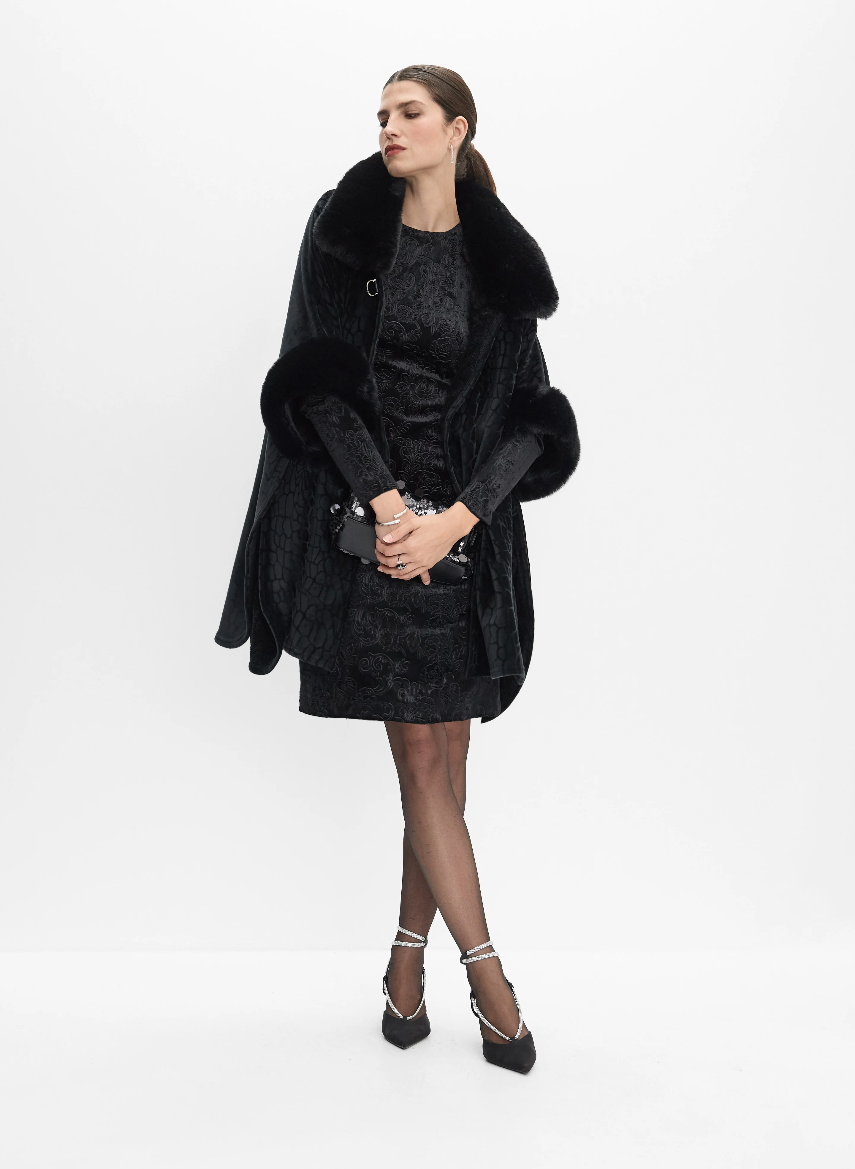 Embossed Faux-Fur Trim Poncho - Image 5