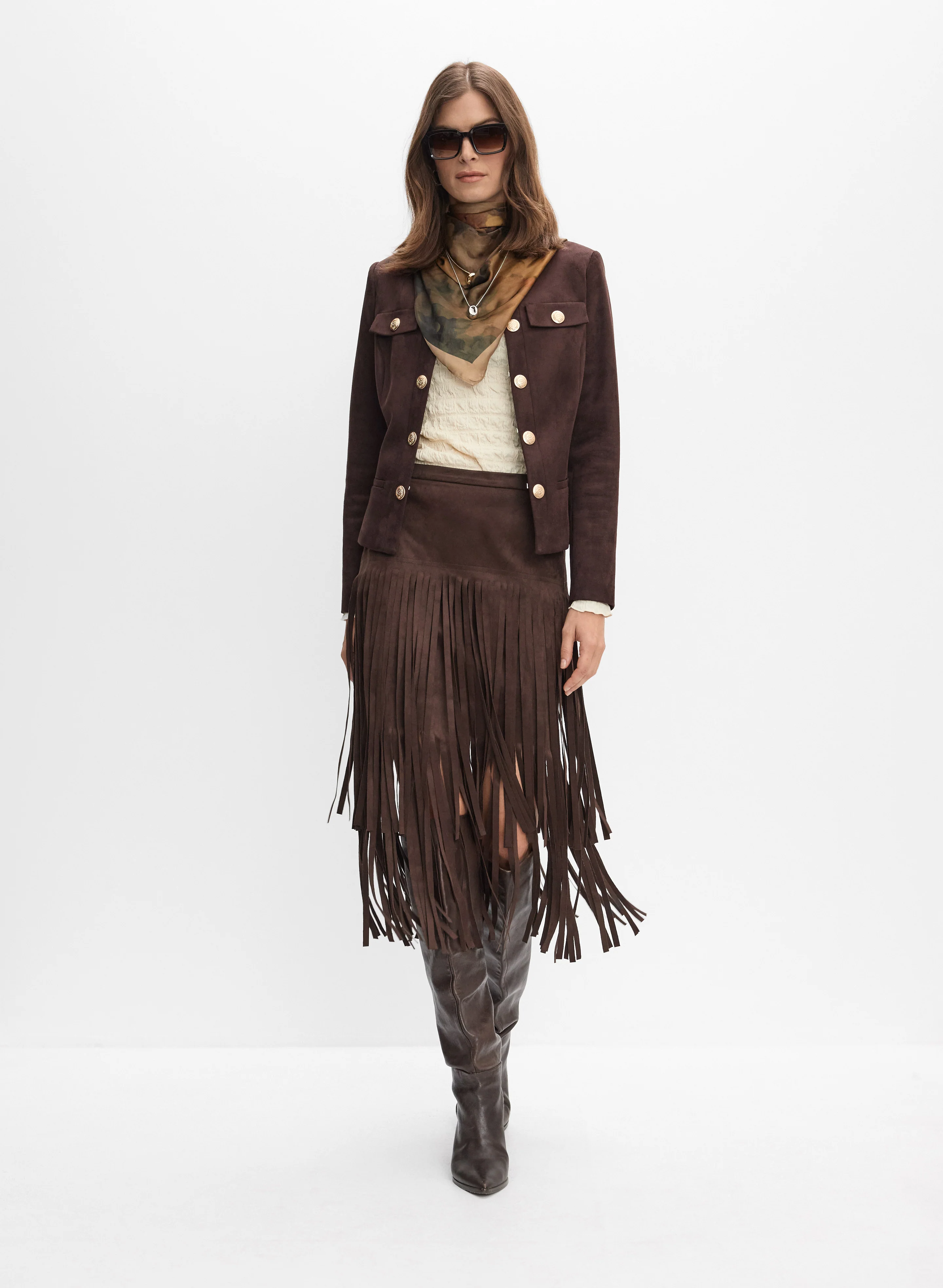 Faux-Suede Button Detail Jacket & Fringed Faux-Suede Skirt
