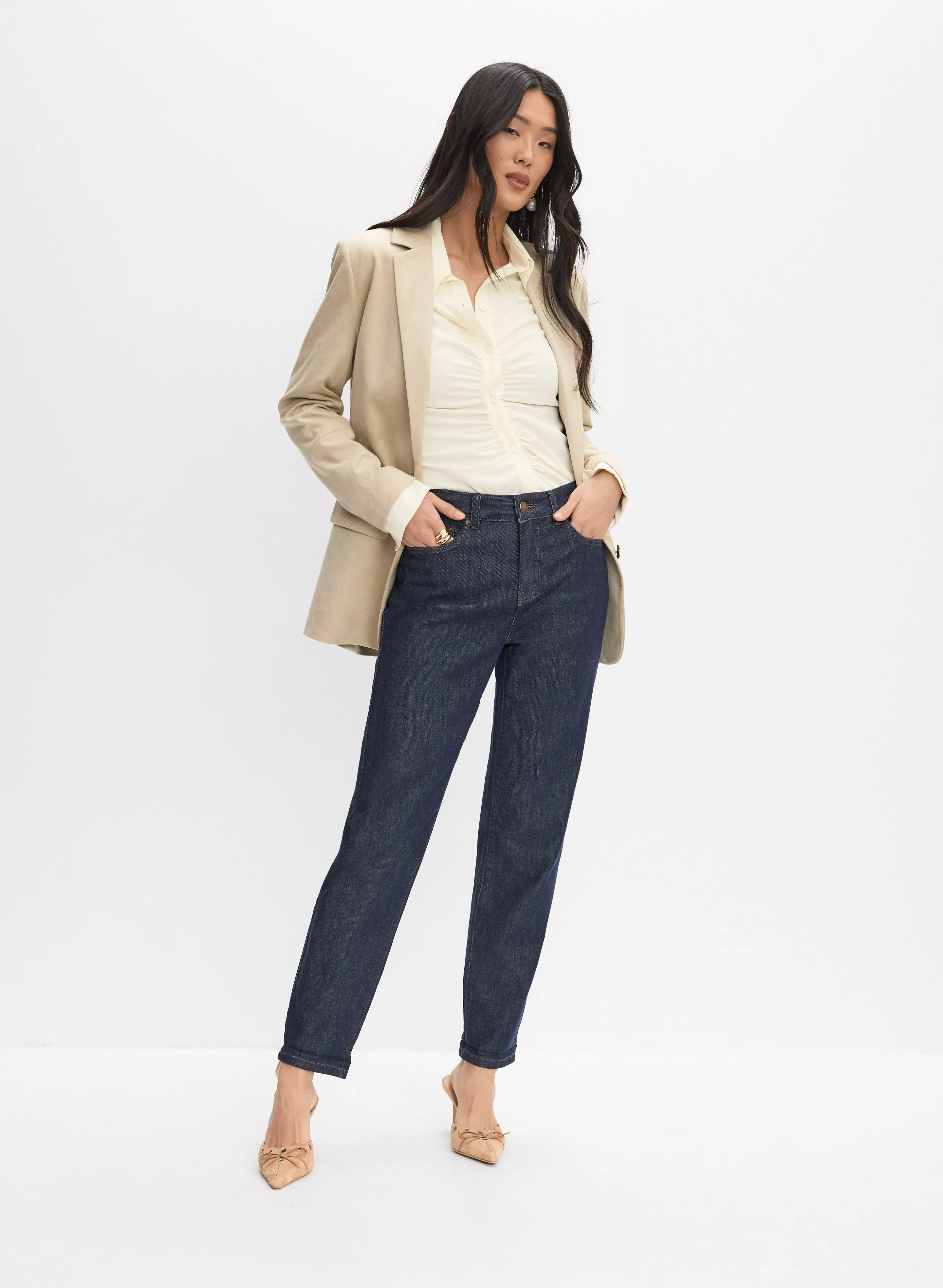 Faux-Suede Blazer & Straight-Leg Vintage Jeans