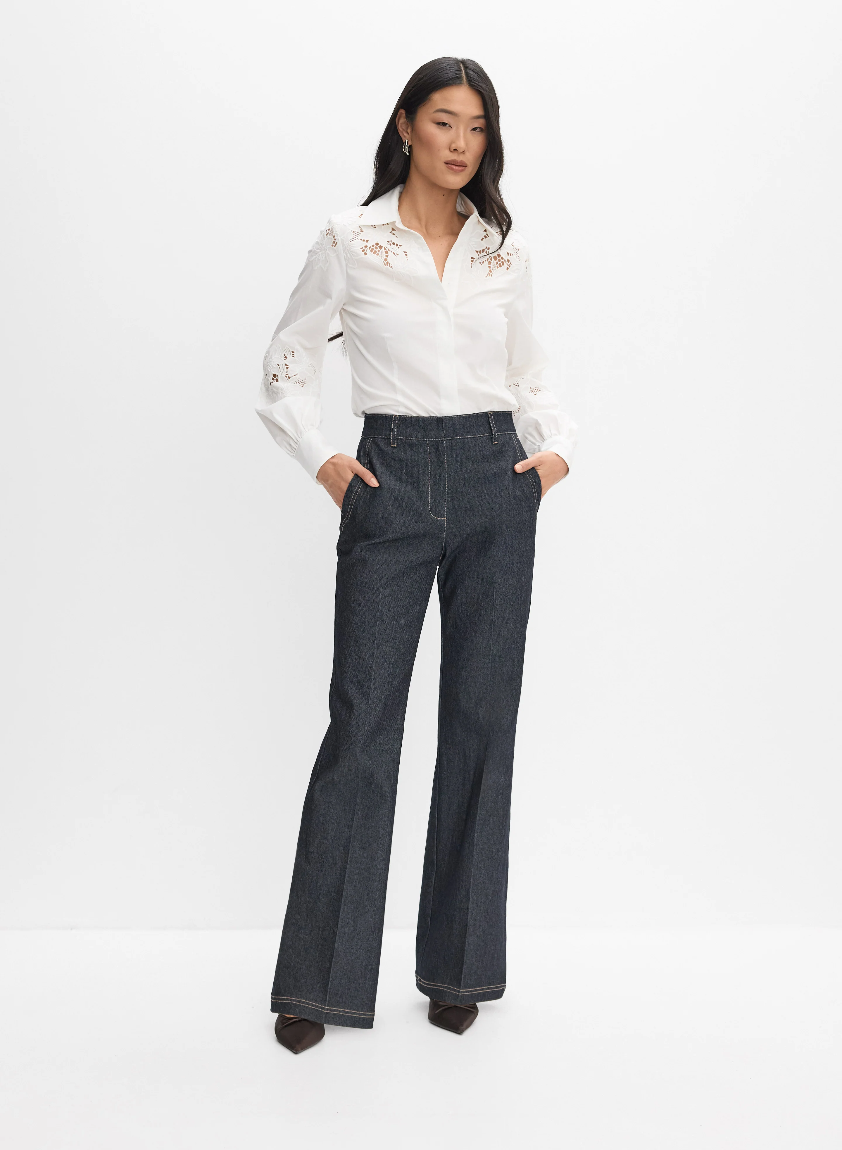 Floral Cut-Out Blouse & Denim Flare-Leg Trousers