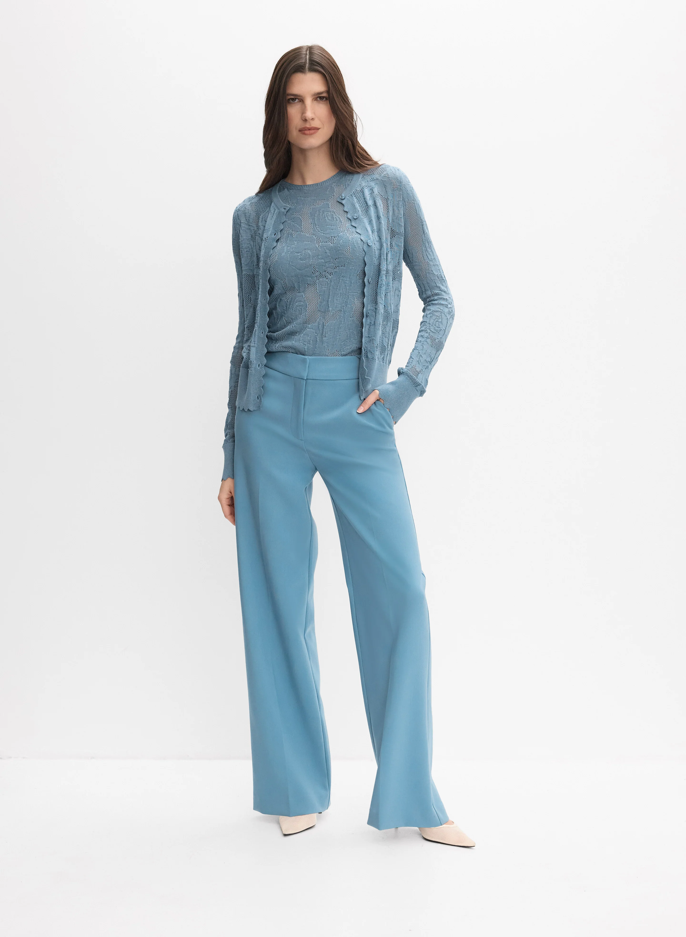 Floral Open-Knit Cardigan & Soho Wide-Leg Pants