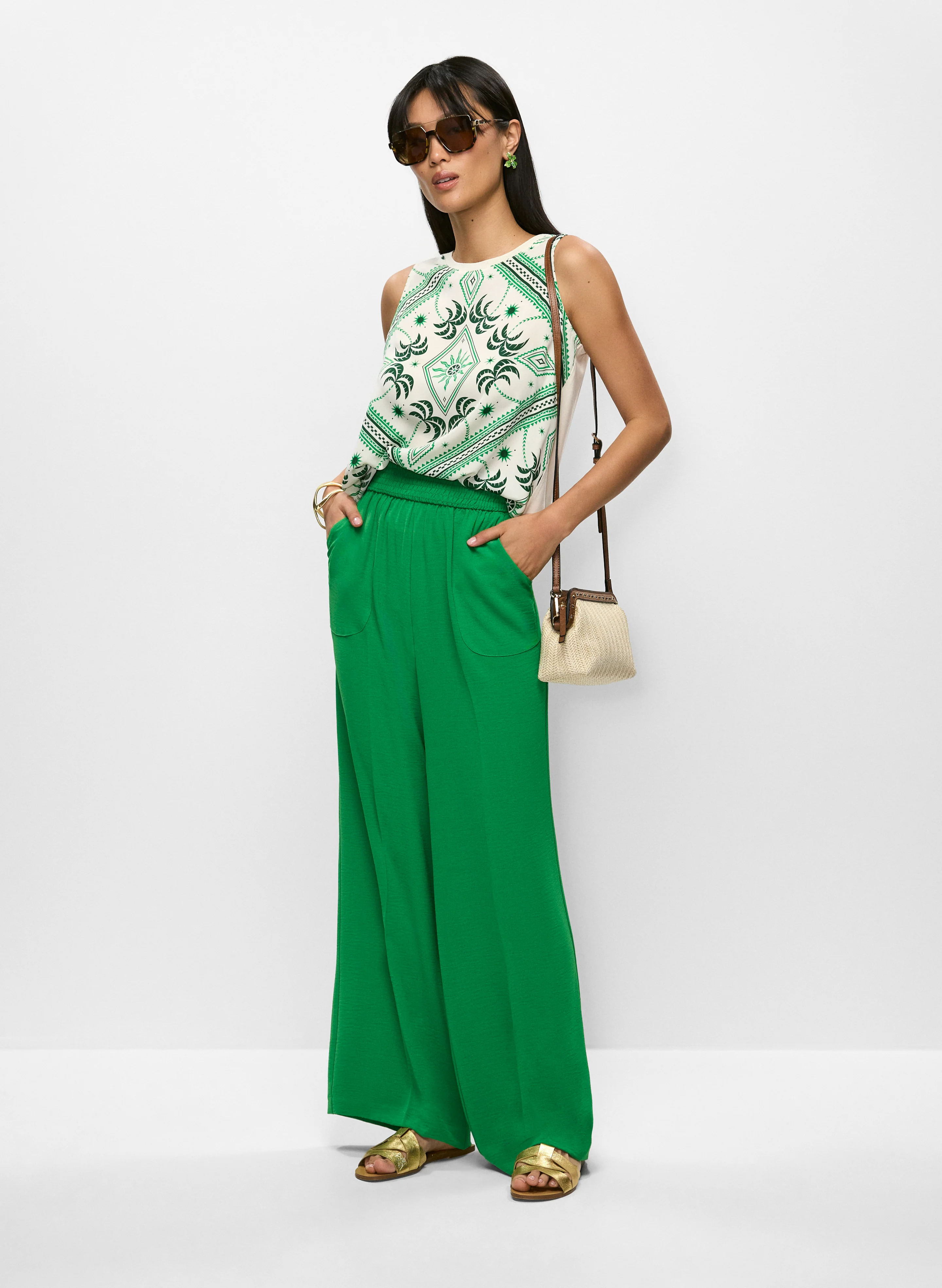 Geometric Print Sleeveless Top & Shirred Waist Wide-Leg Pants
