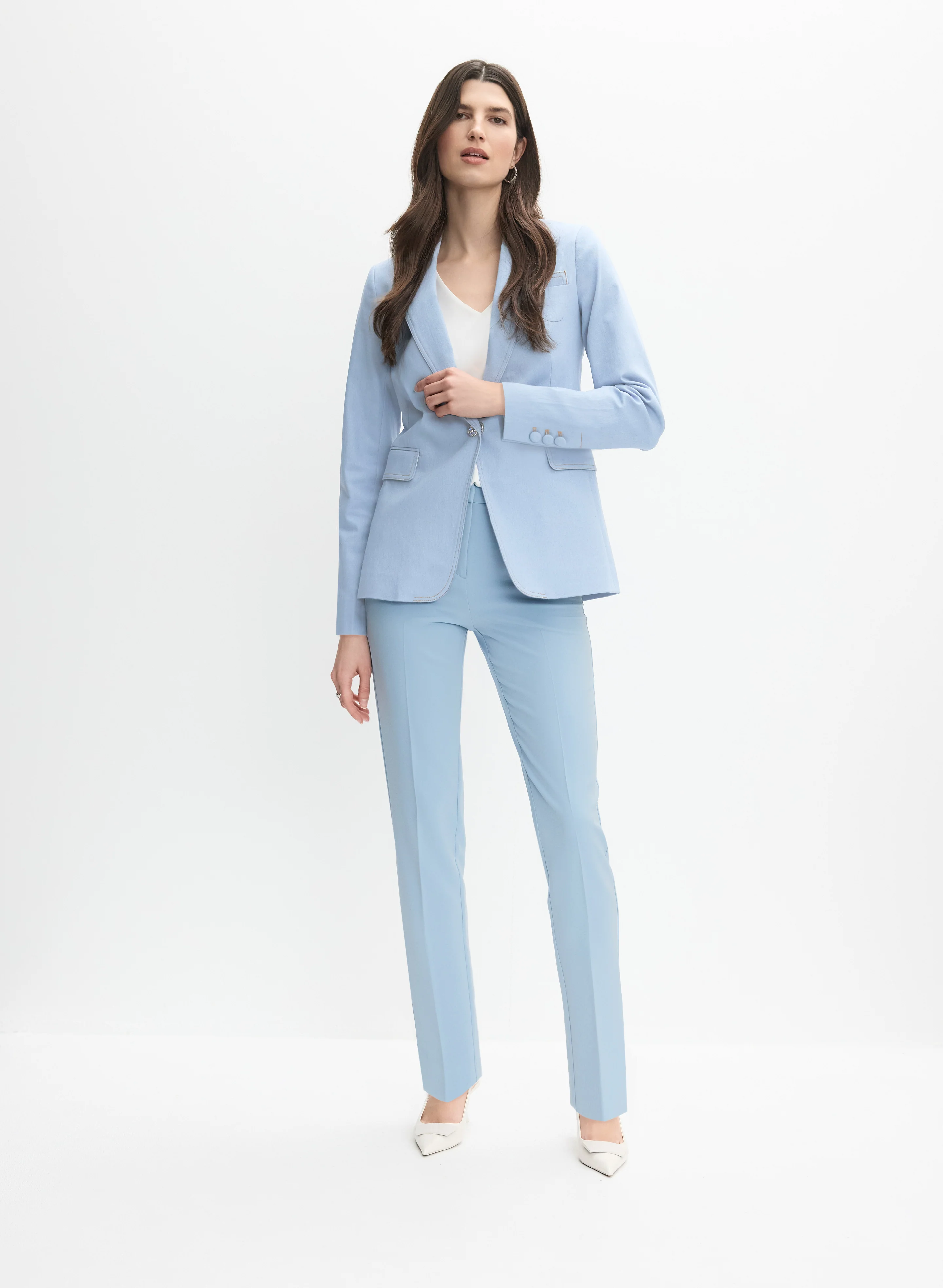 Jewel Button Denim Blazer & Straight-Leg Pants