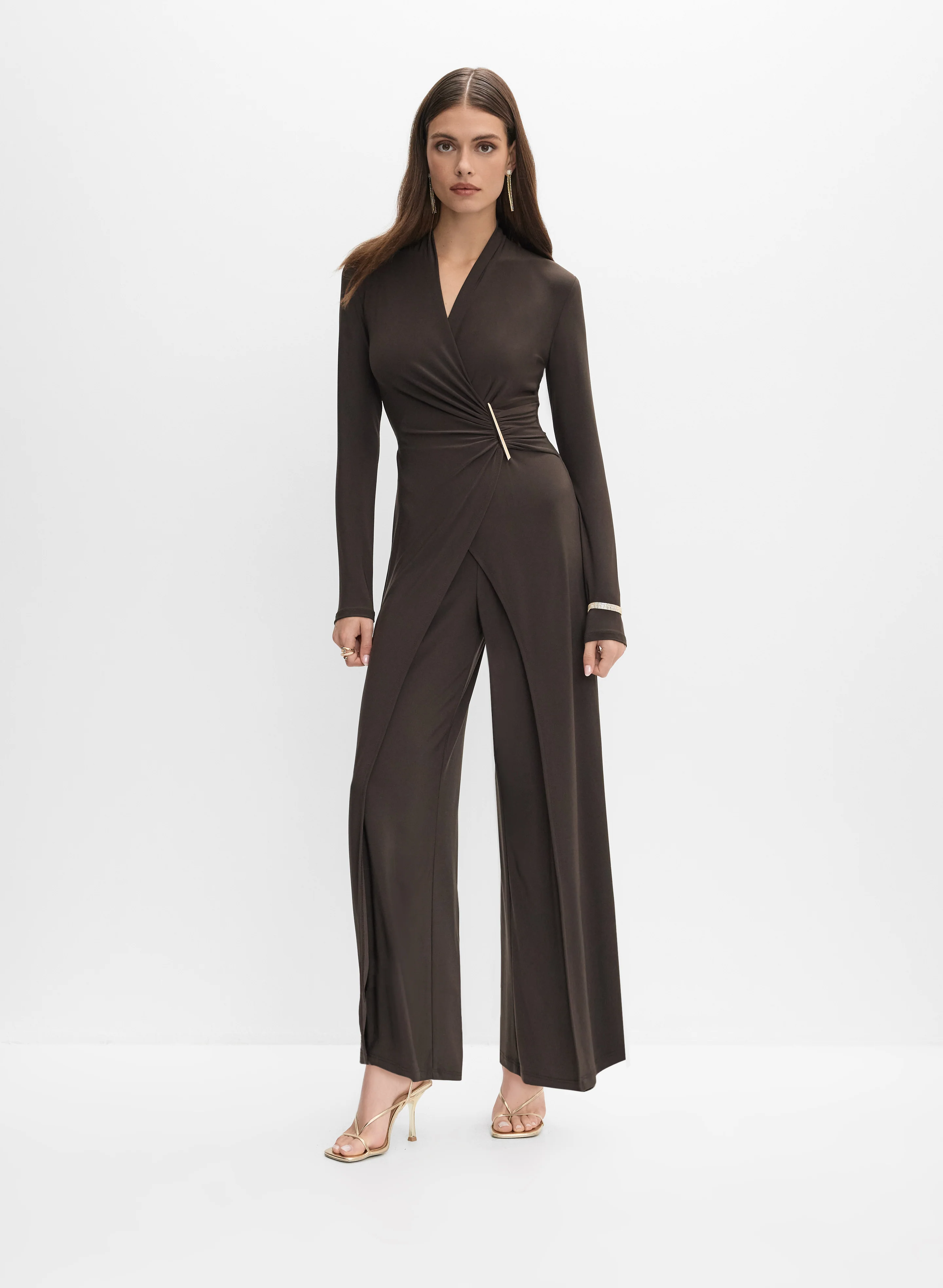 Joseph Ribkoff - Brooch Fastened Faux-Wrap Jumpsuit