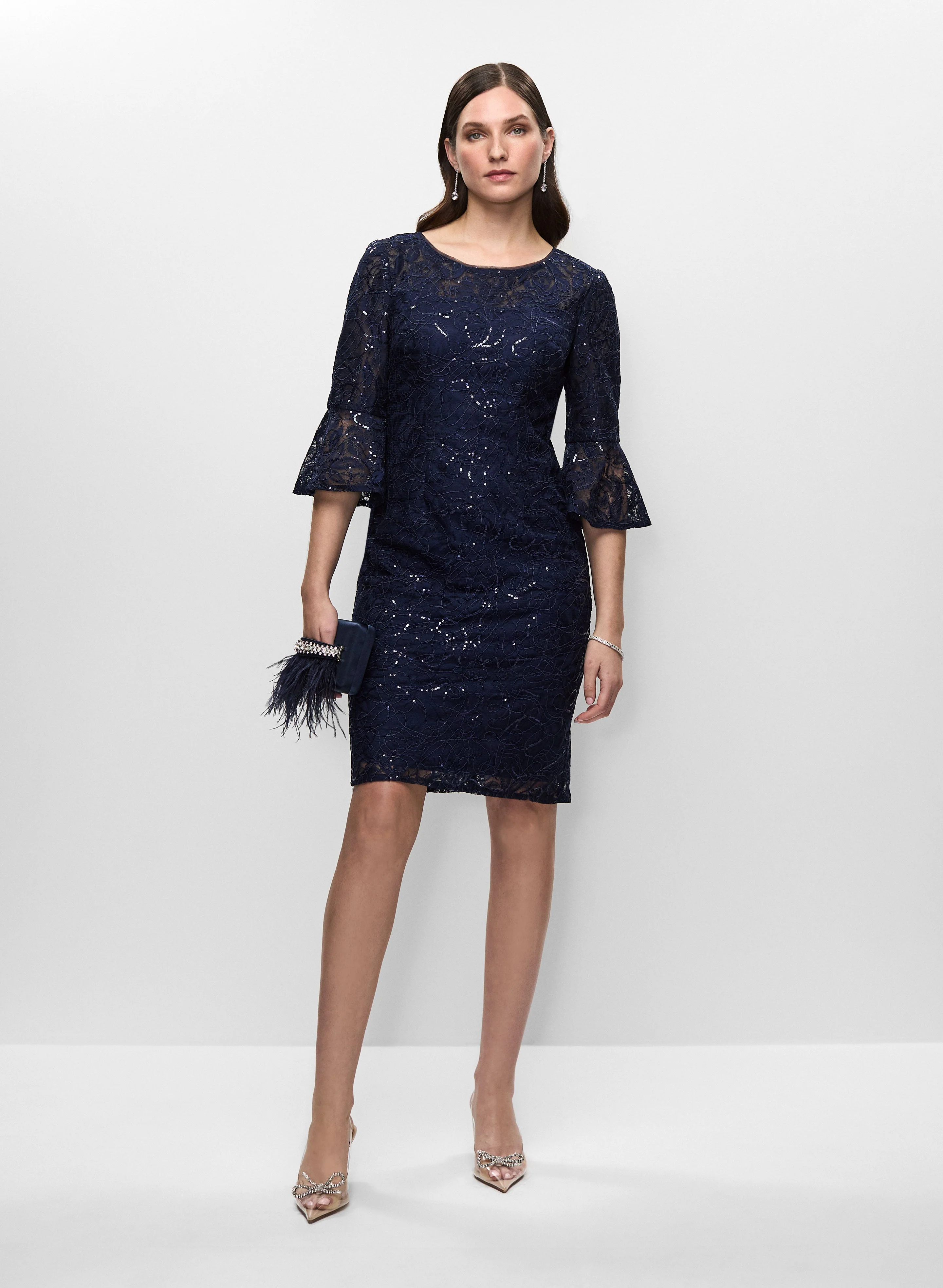 Lace Bell Sleeve Dress & Feathered Satin Clutch