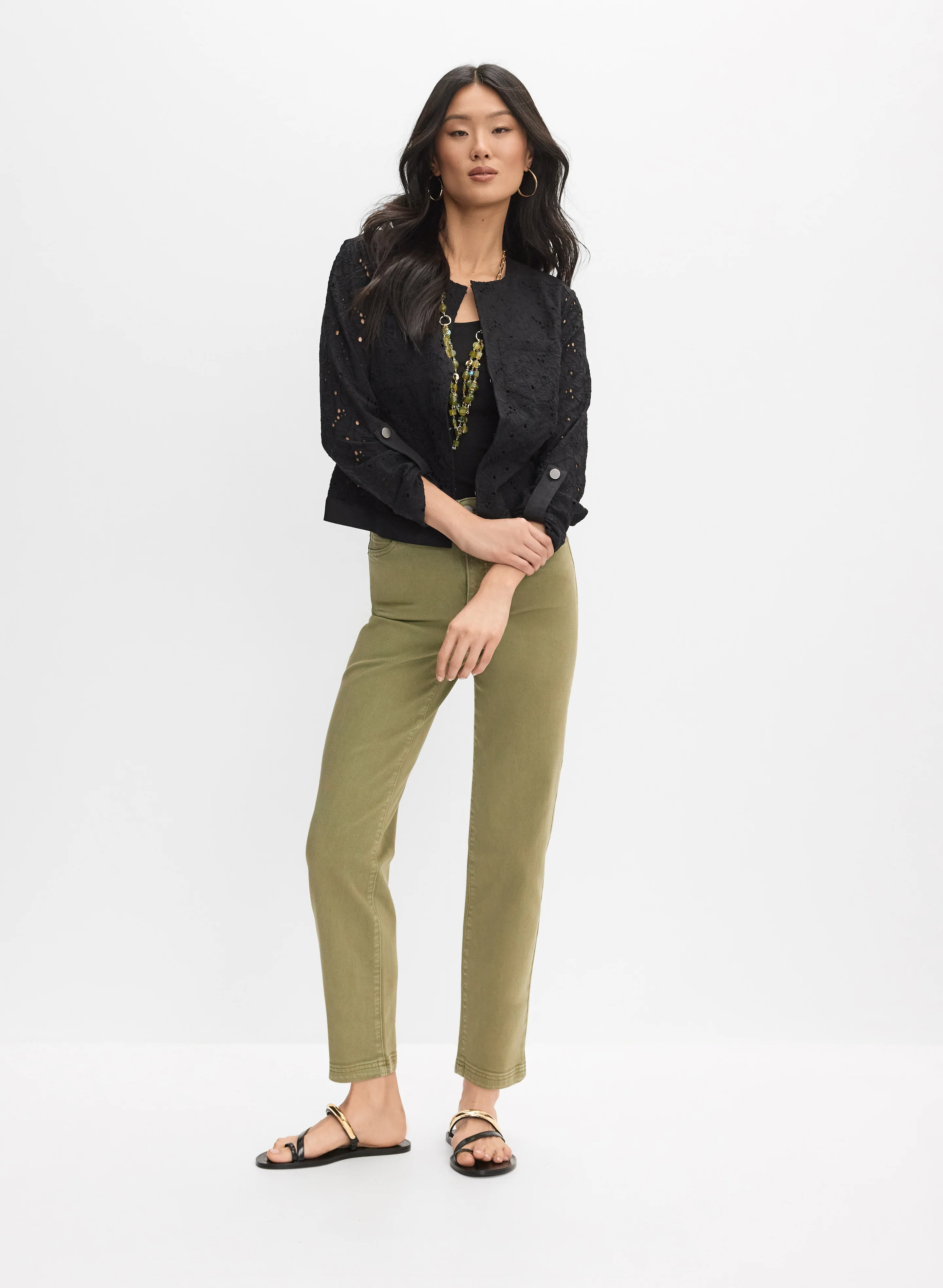 Lace Crew Neck Jacket & Cropped Straight-Leg Jeans