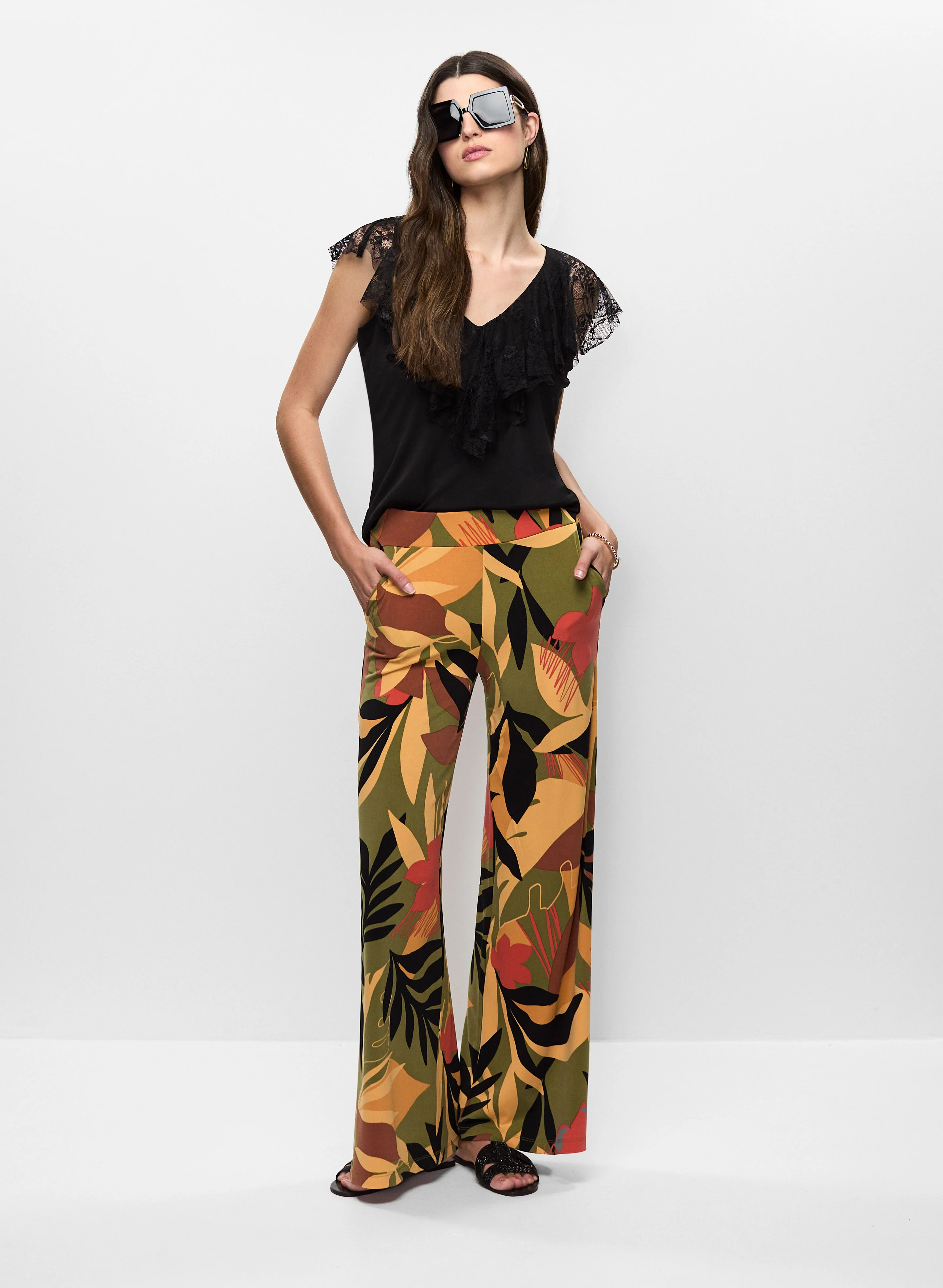 Lace Top & Tropical Print Flare Leg Pants