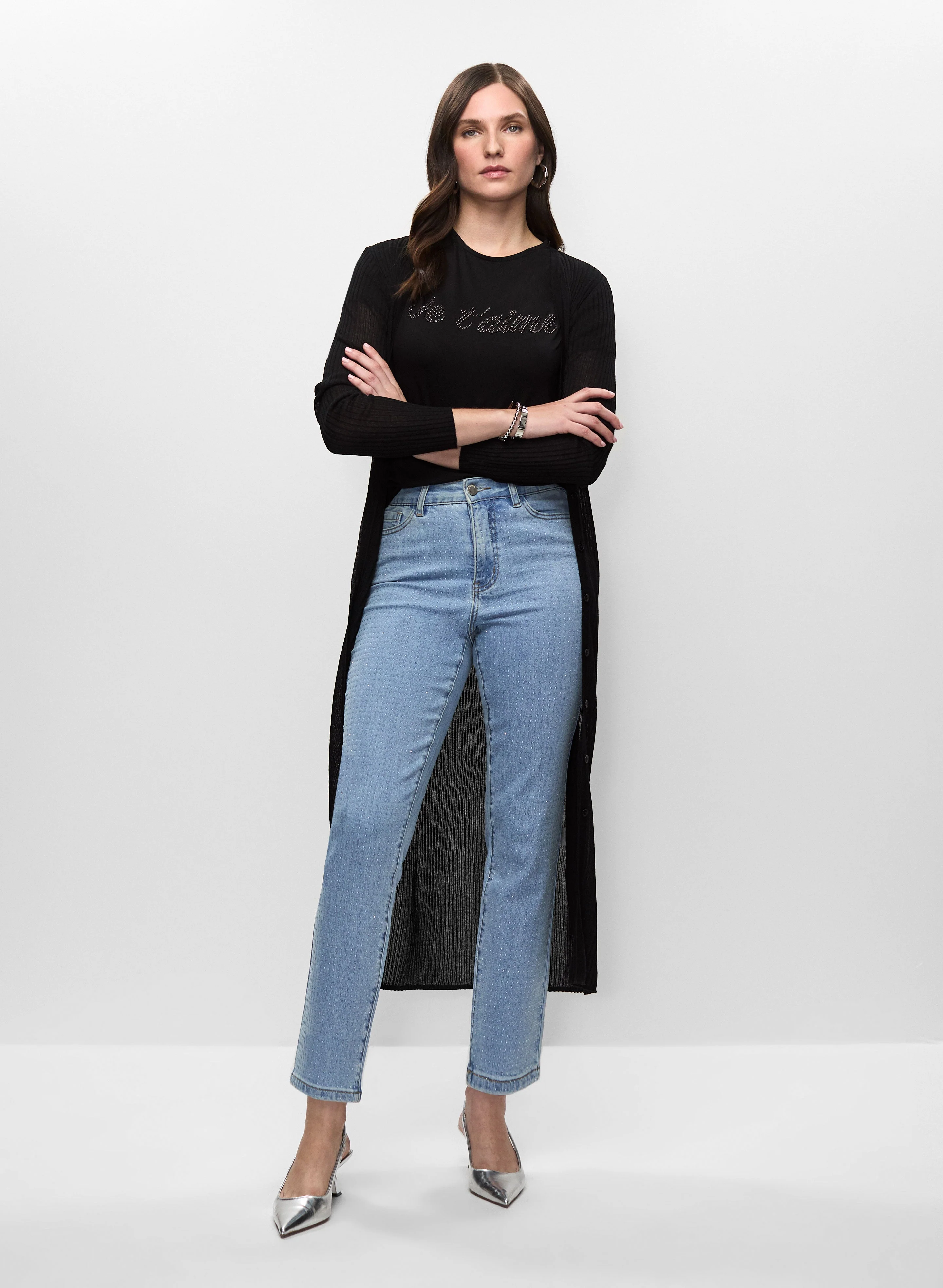 Long Cardigan, Slogan T-Shirt & Straight Leg Jeans