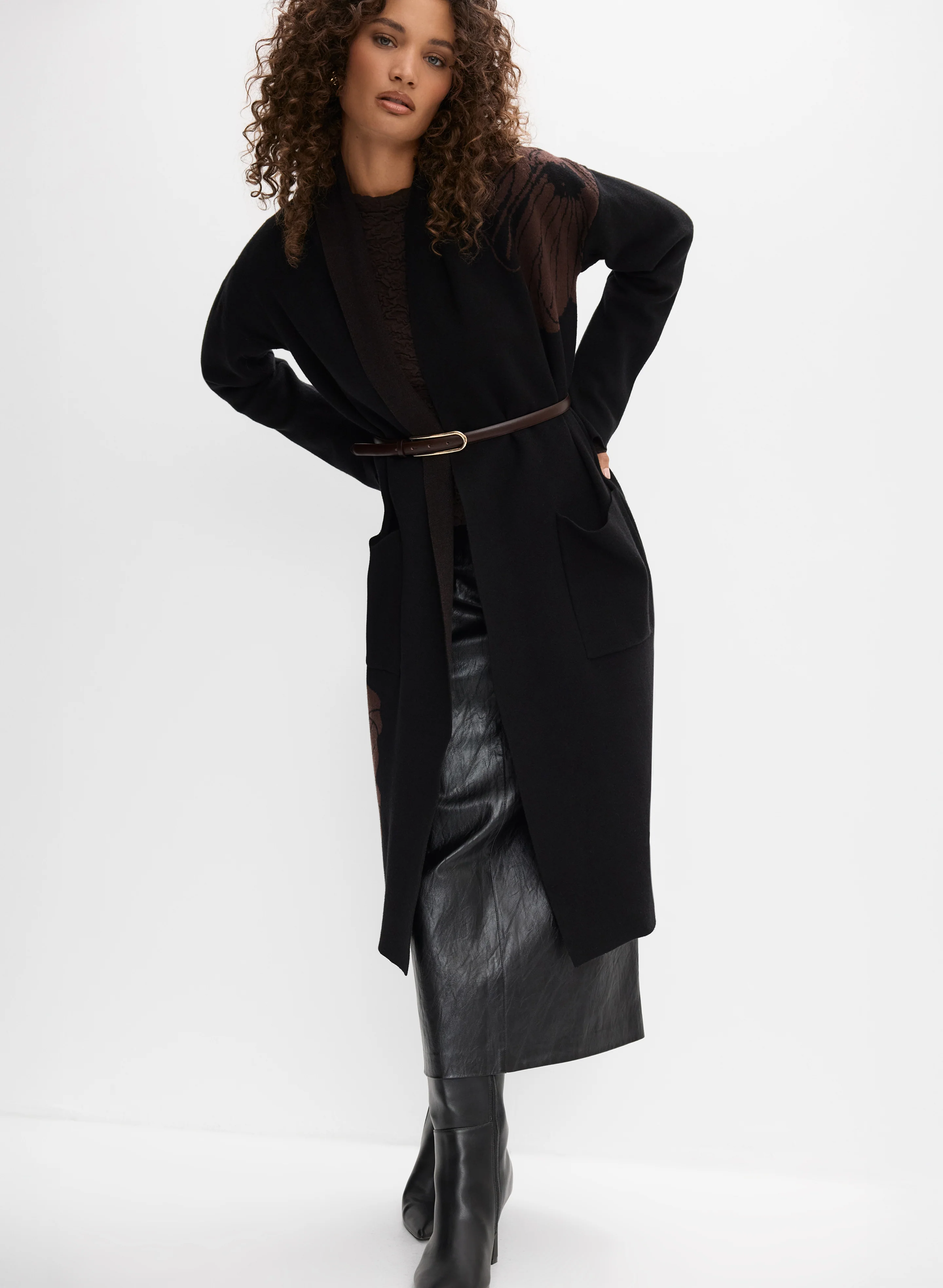 Long Floral Detail Cardigan & Crinkled Vegan Leather Skirt