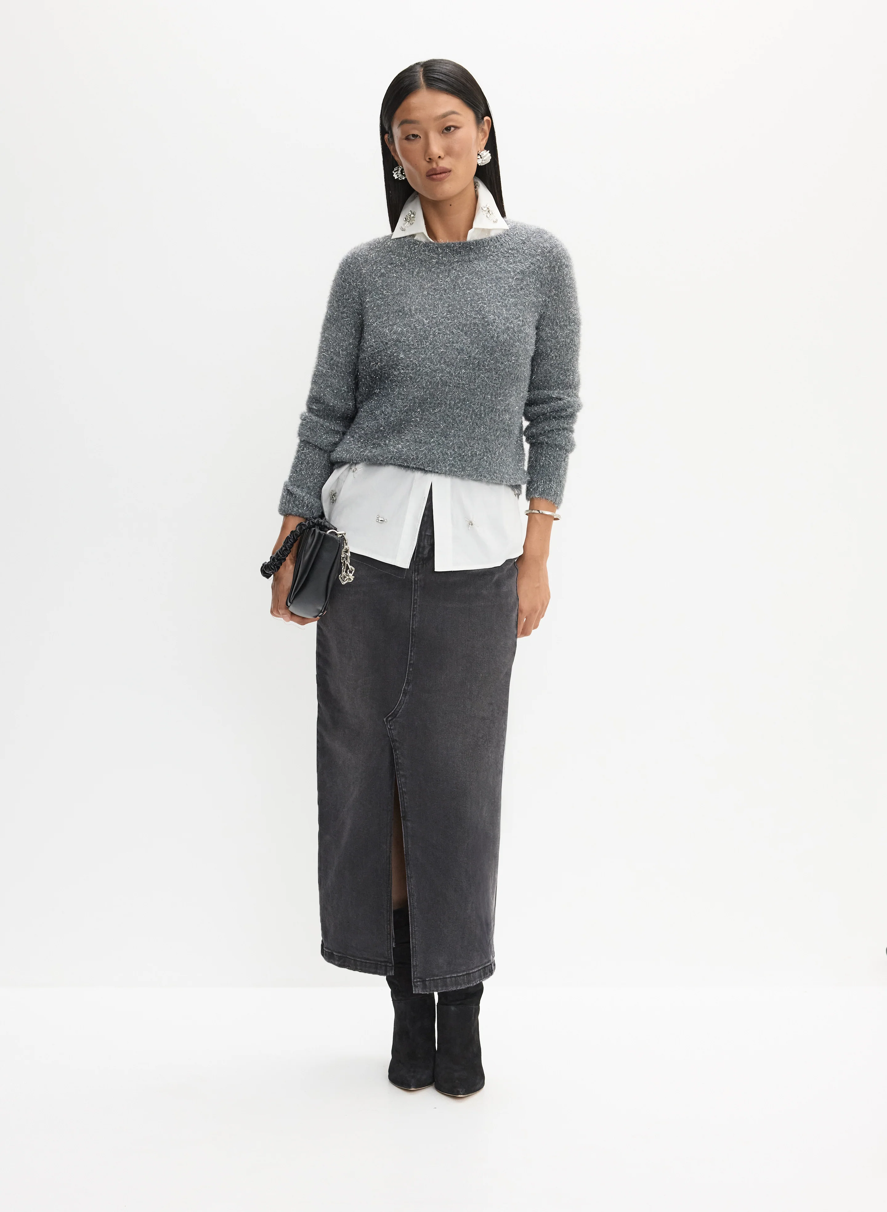 Metallic Detail Sweater & Denim Skirt