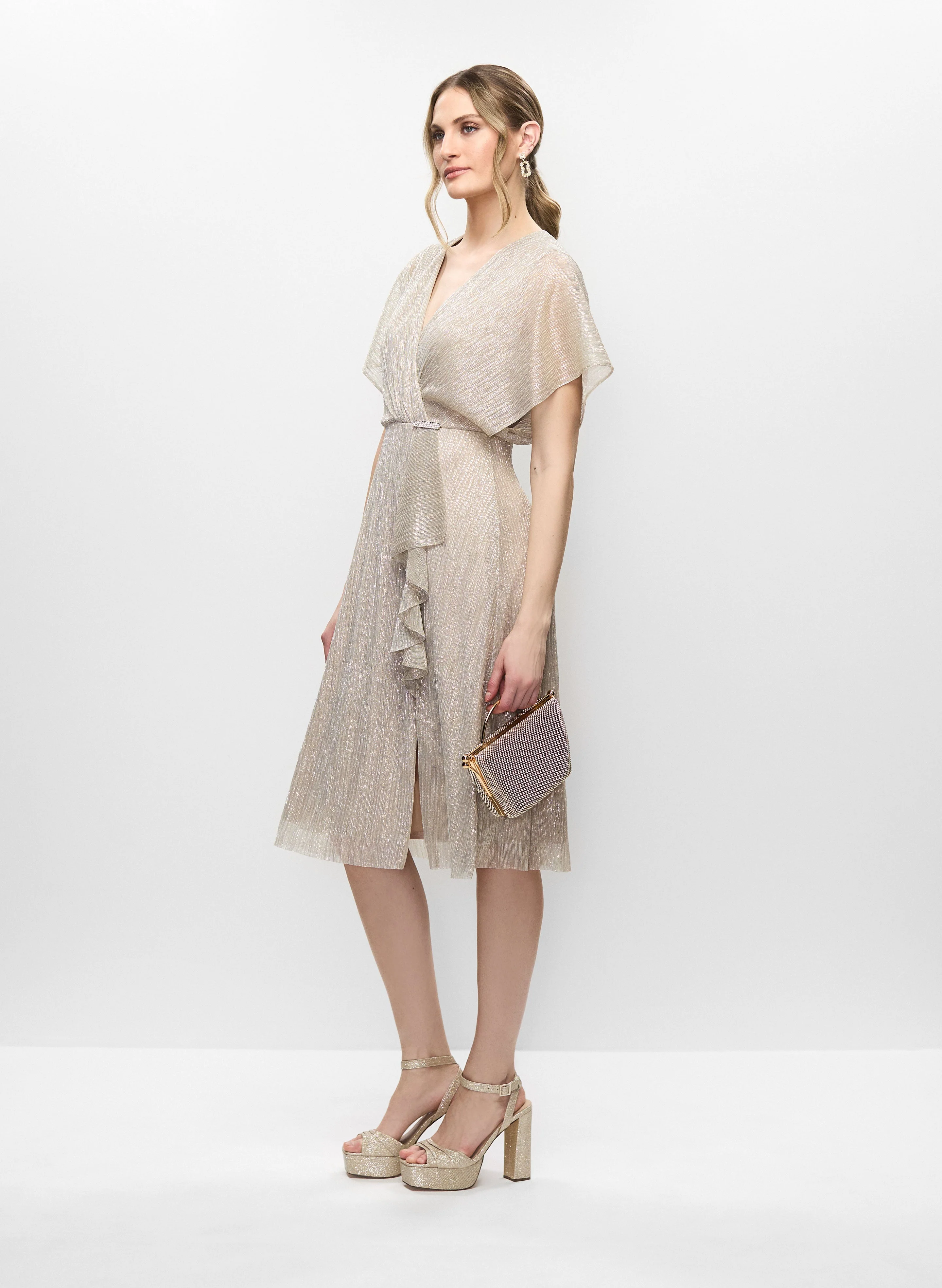 Metallic Wrap Style Dress & Cubic Zirconia Earrings