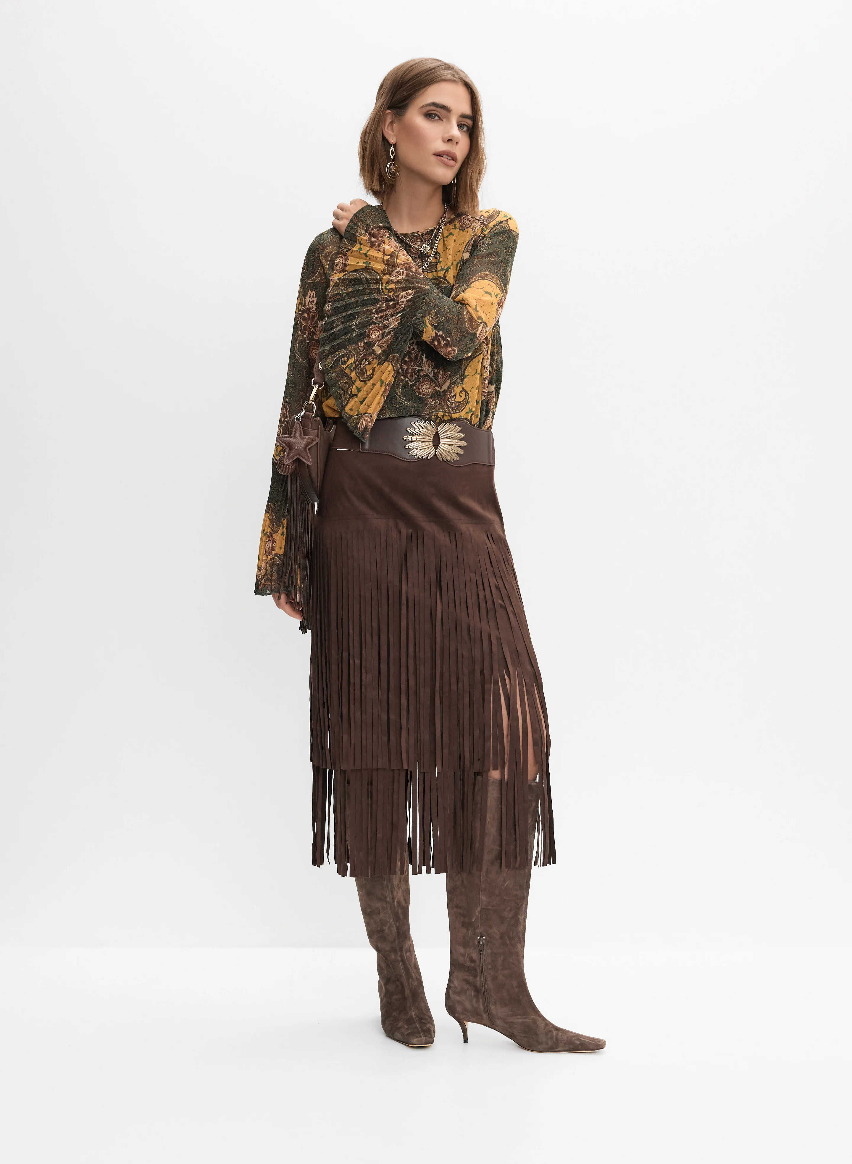 Paisley Plissé Detail Top & Fringed Faux-Suede Skirt