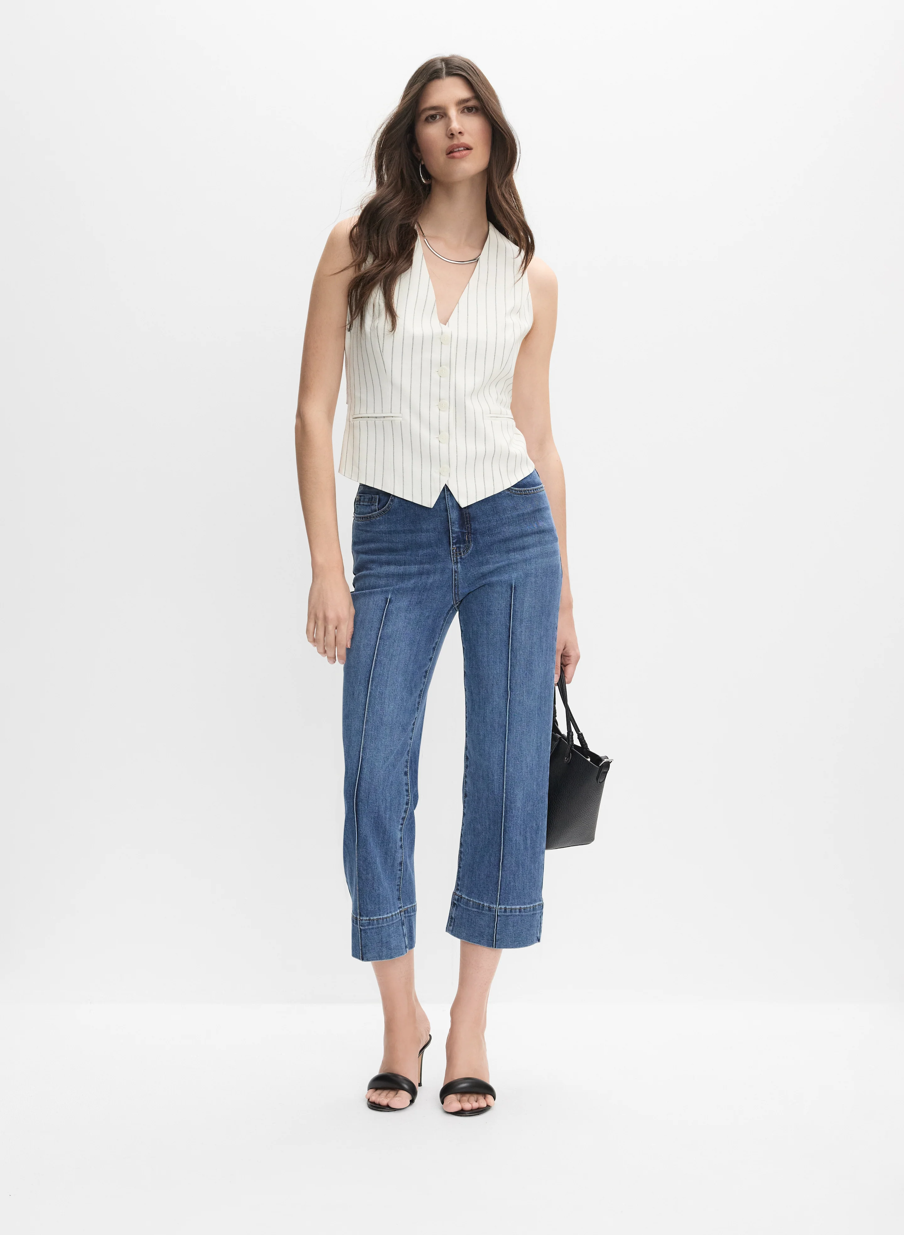 Pinstripe Linen-Blend Vest & Cropped Straight-Leg Jeans