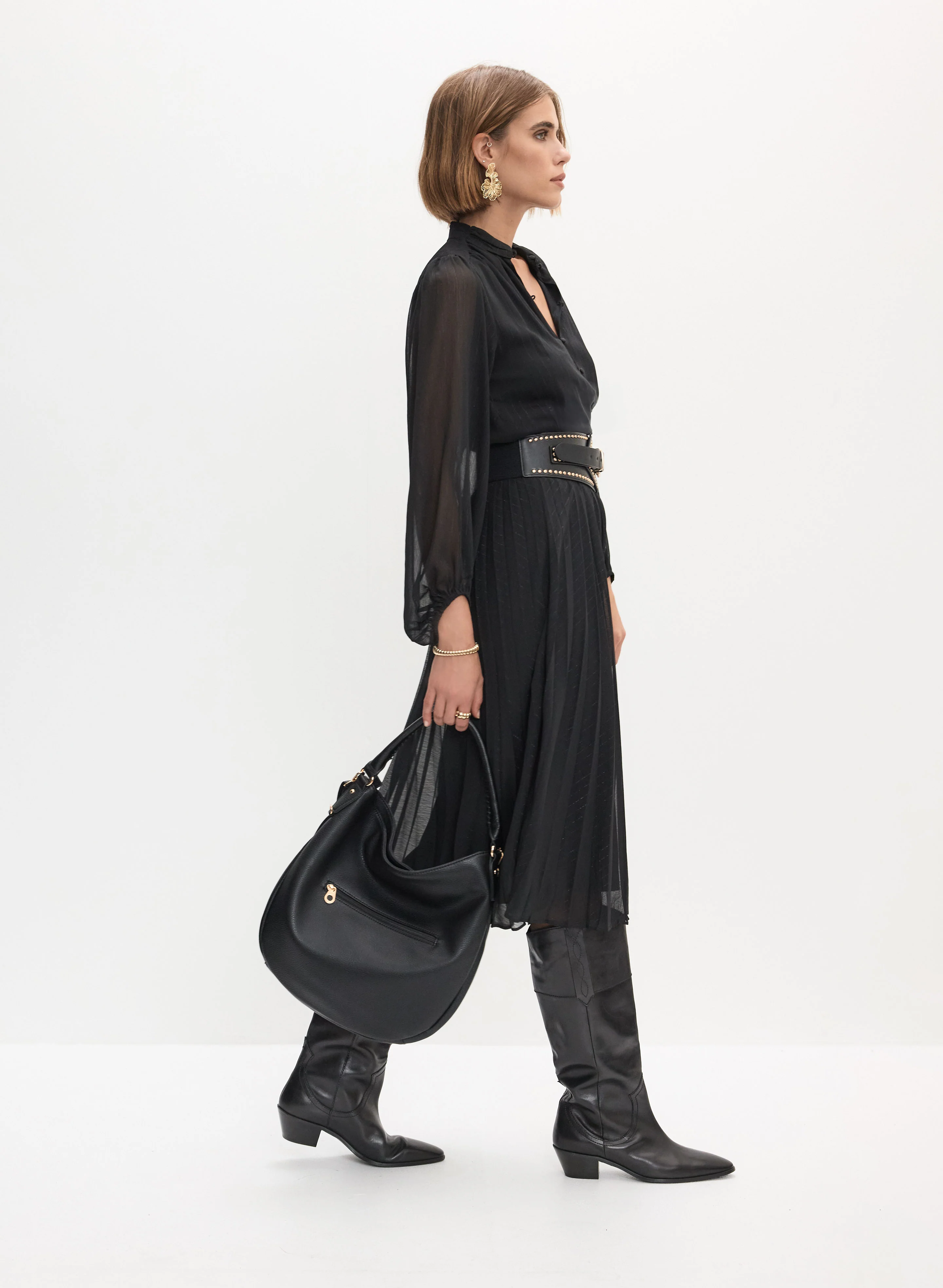 Pleated Balloon Sleeve Dress - Image 3