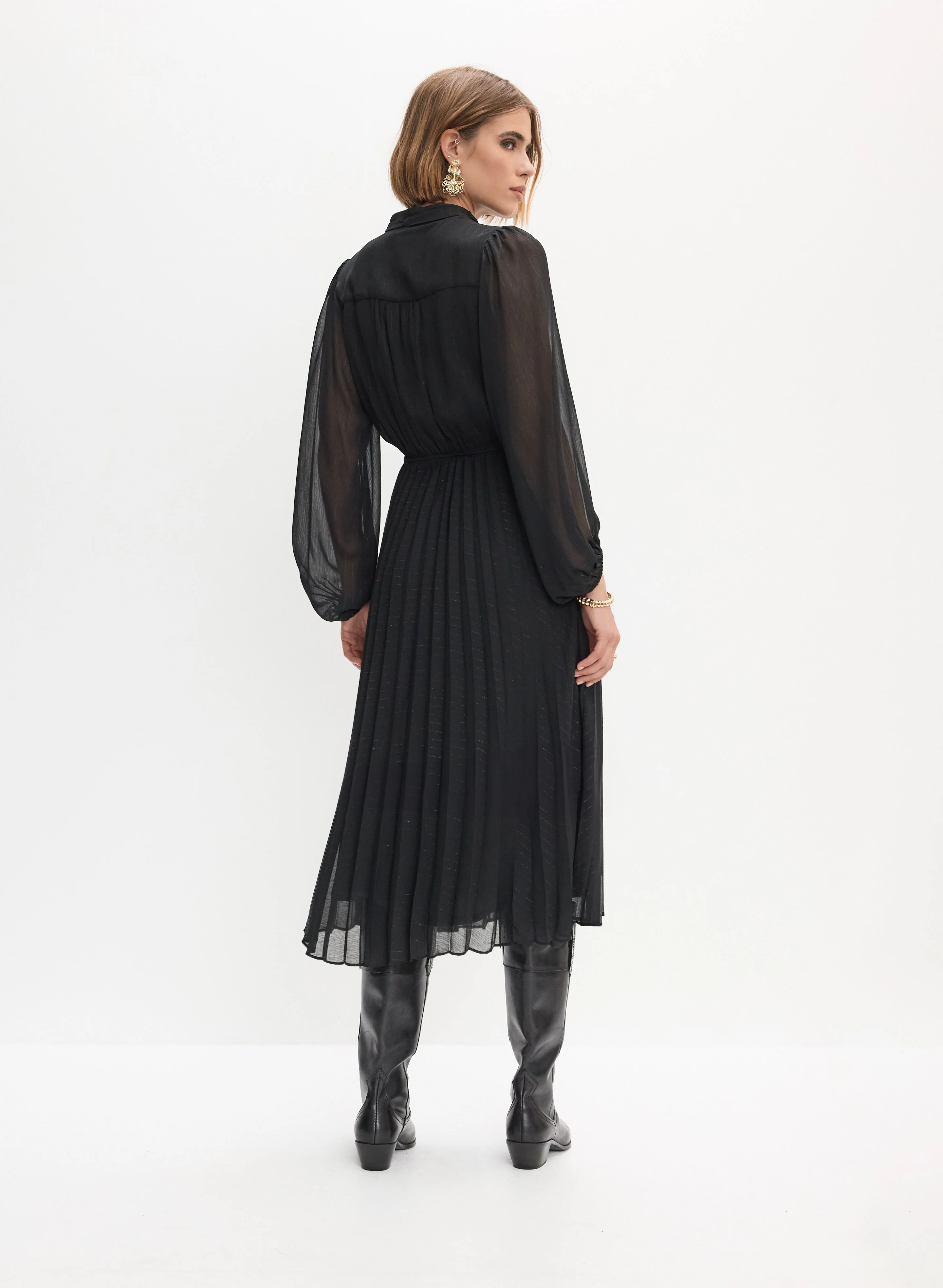 Pleated Balloon Sleeve Dress - Image 4
