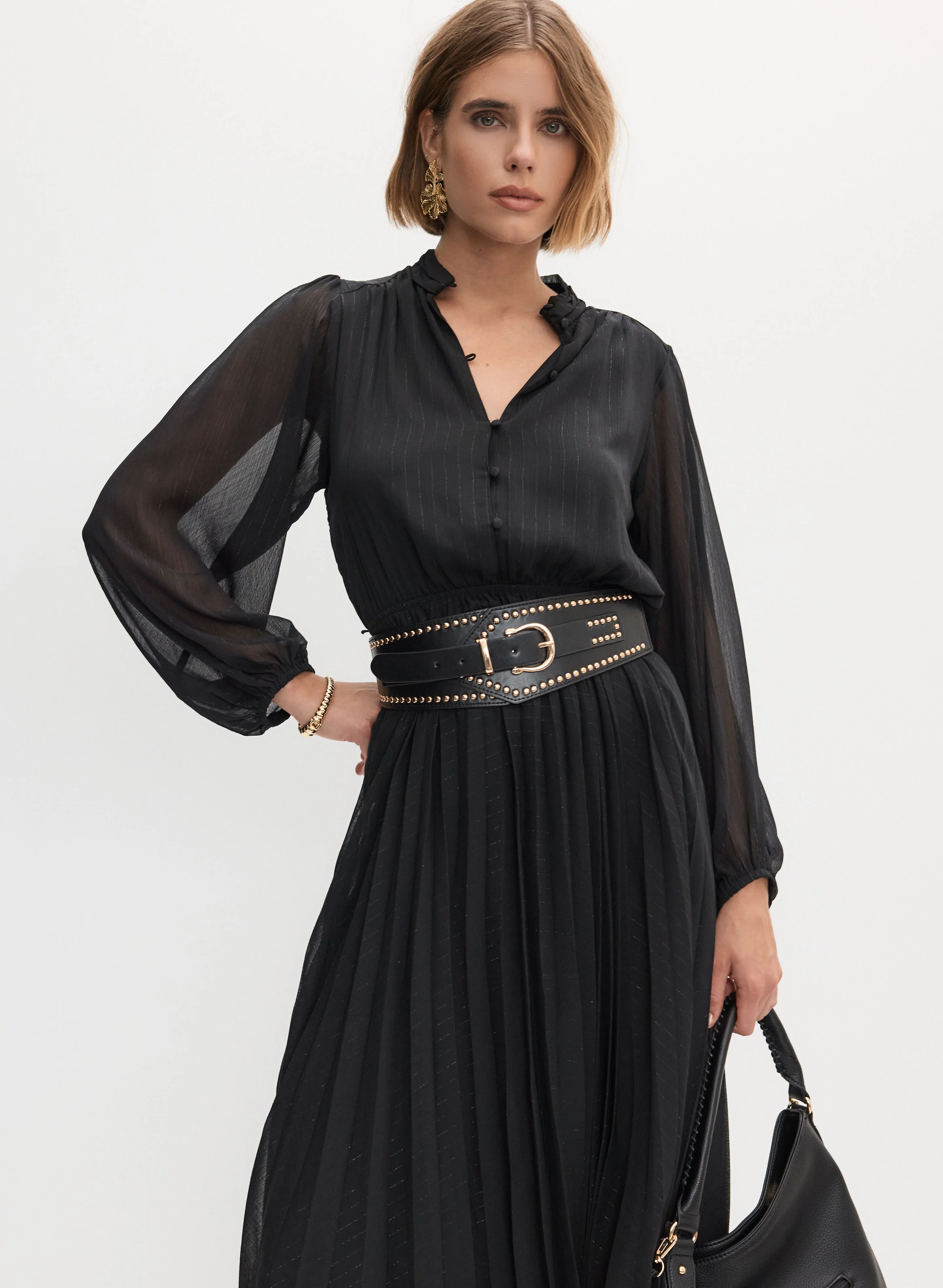 Pleated Balloon Sleeve Dress - Image 5