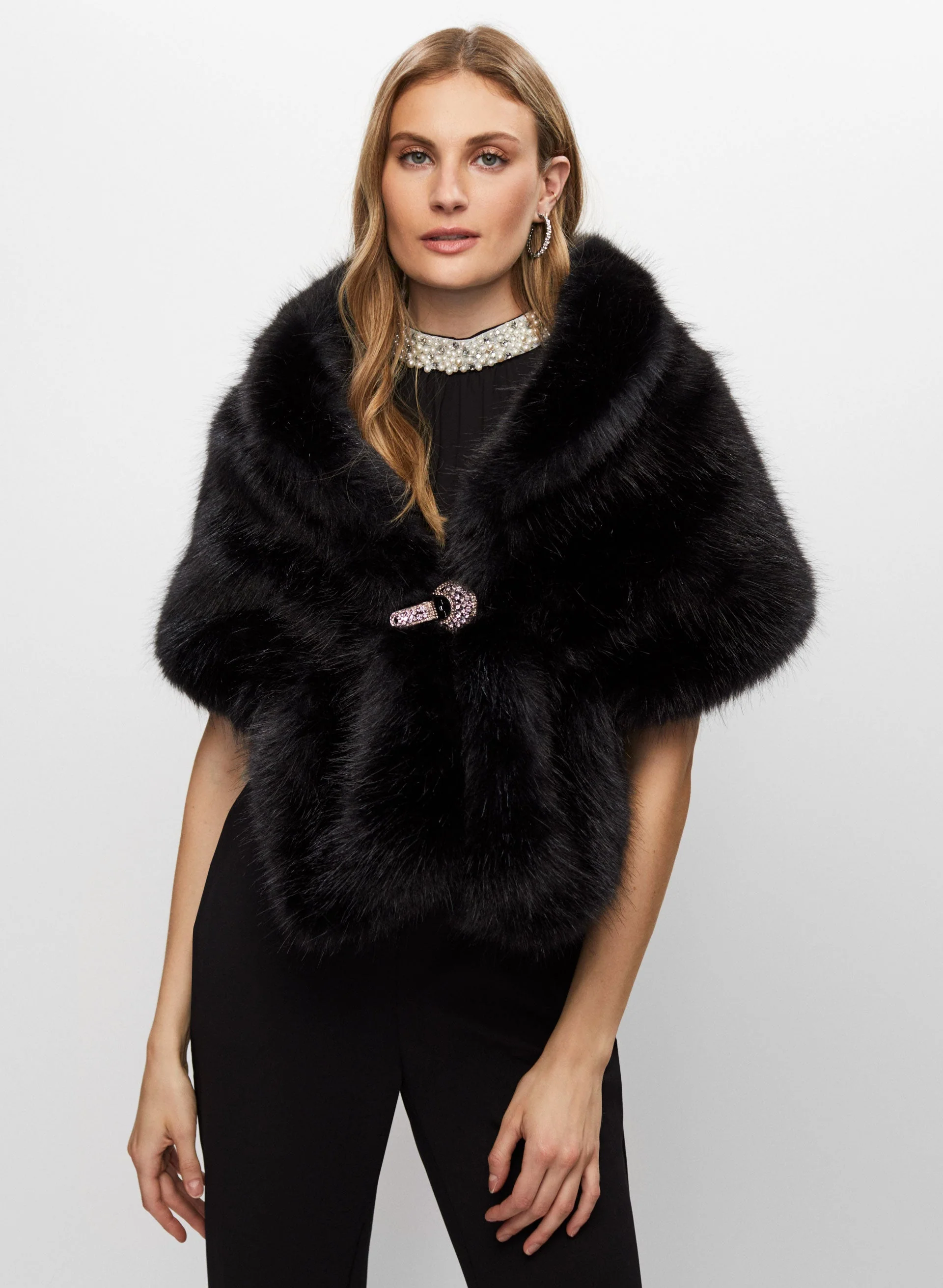 Rhinestone Clip Faux Fur Stole - Image 5