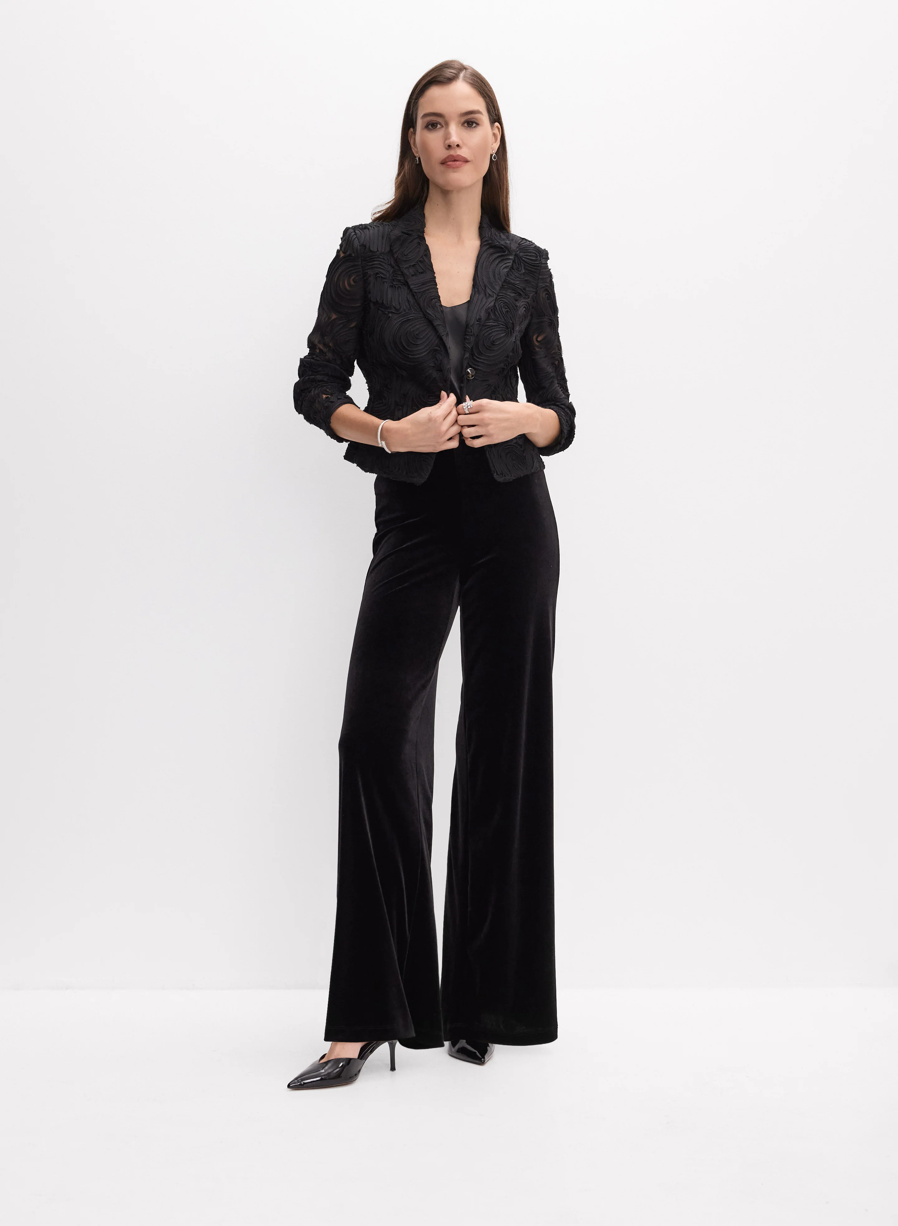 Ribbon Rose Embroidered Blazer & Velvet Wide-Leg Pants