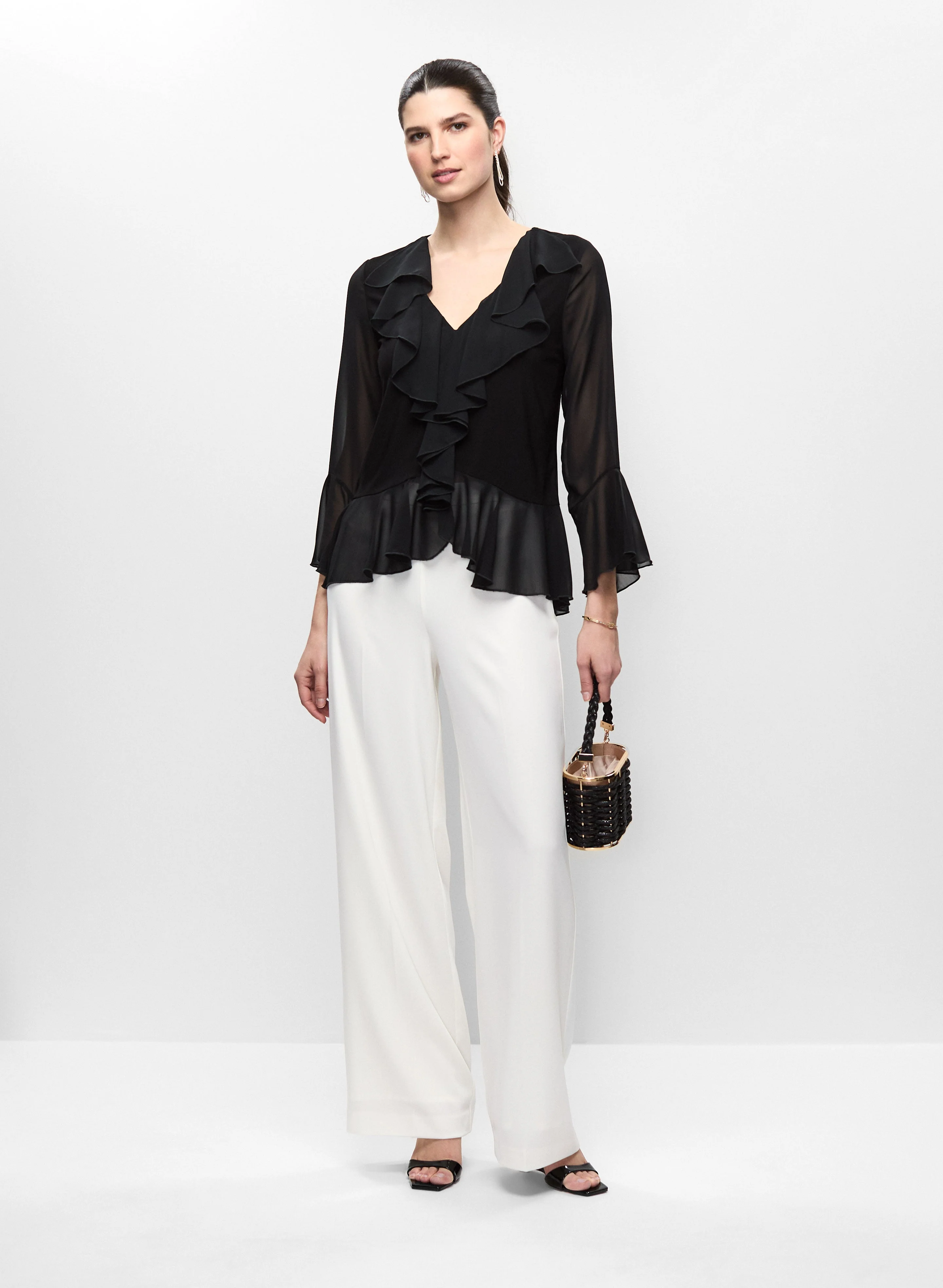 Ruffle Detail Long Sleeve Top & Wide Leg Pants