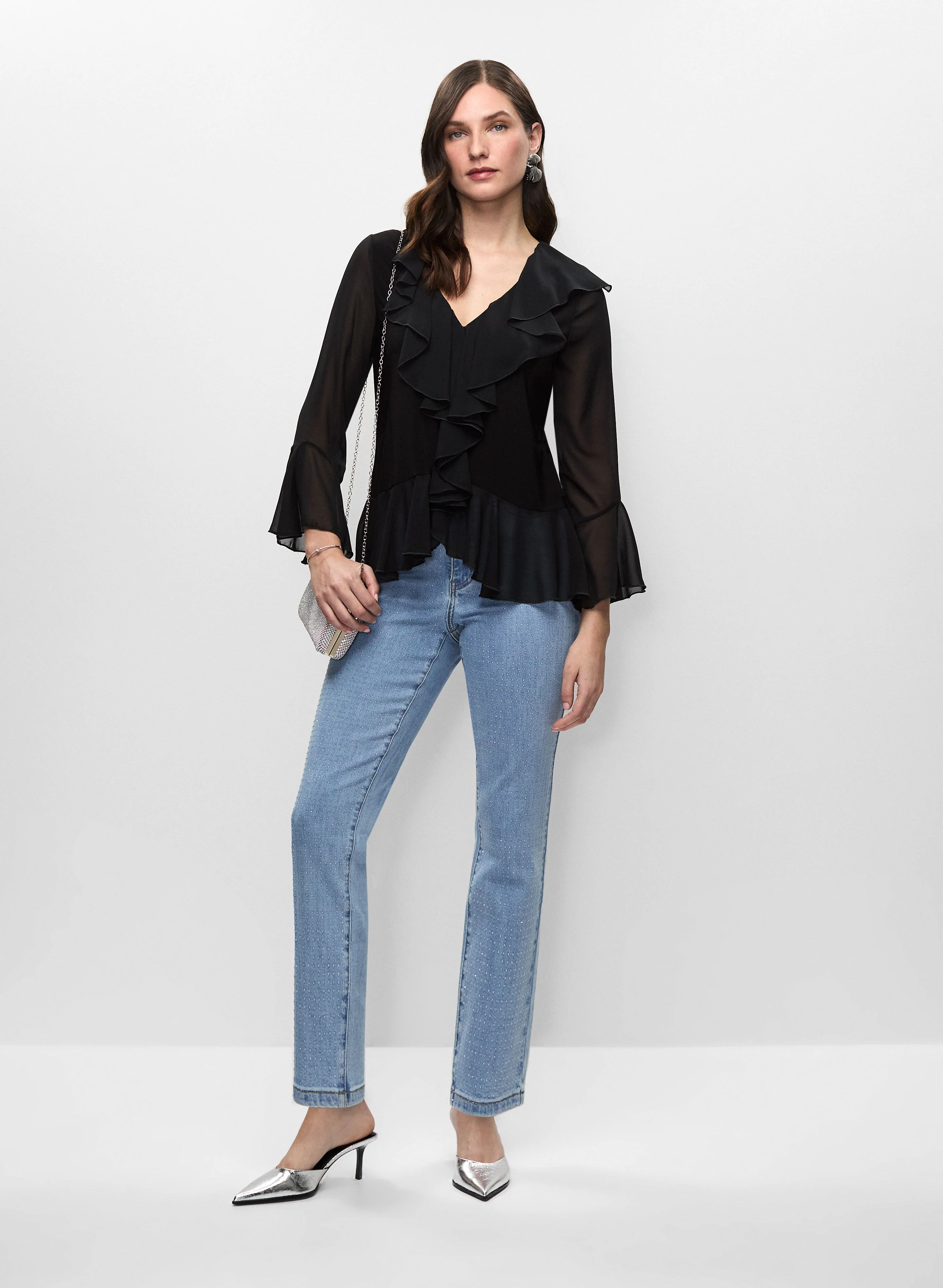 Ruffle Detail Top & Rhinestone Straight Leg jeans