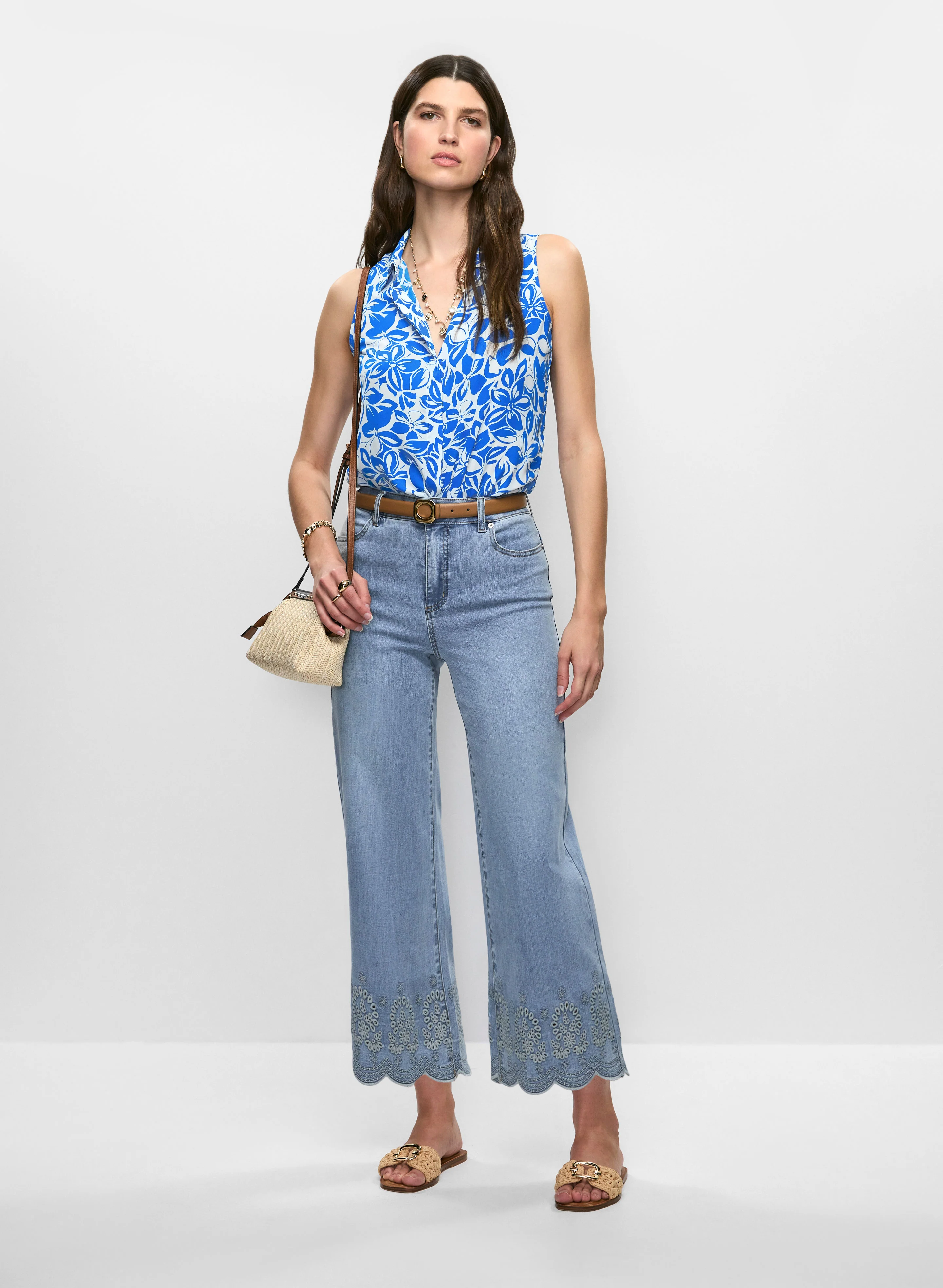 Sleeveless Floral Crepe Blouse & Embroidered Hem Jeans