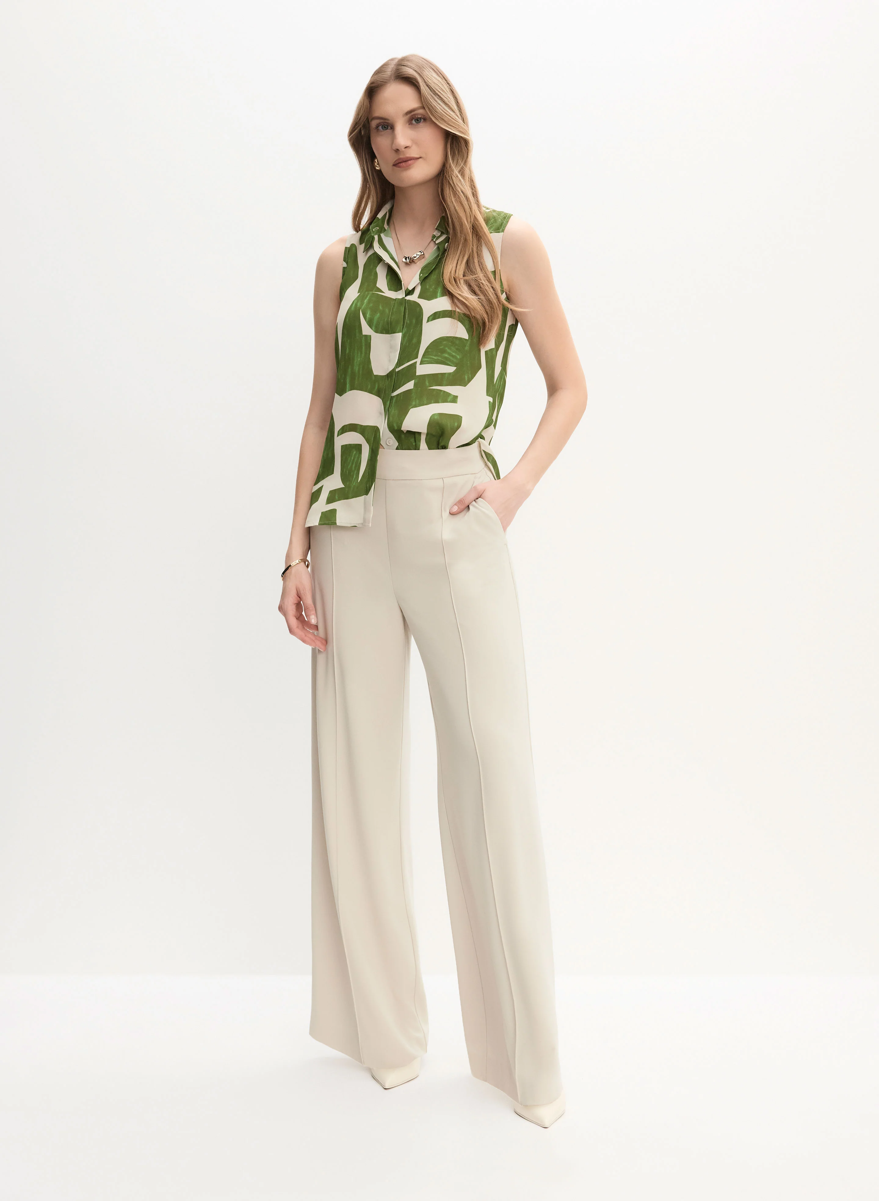 Sleeveless Geometric Print Blouse & Wide Leg Pants