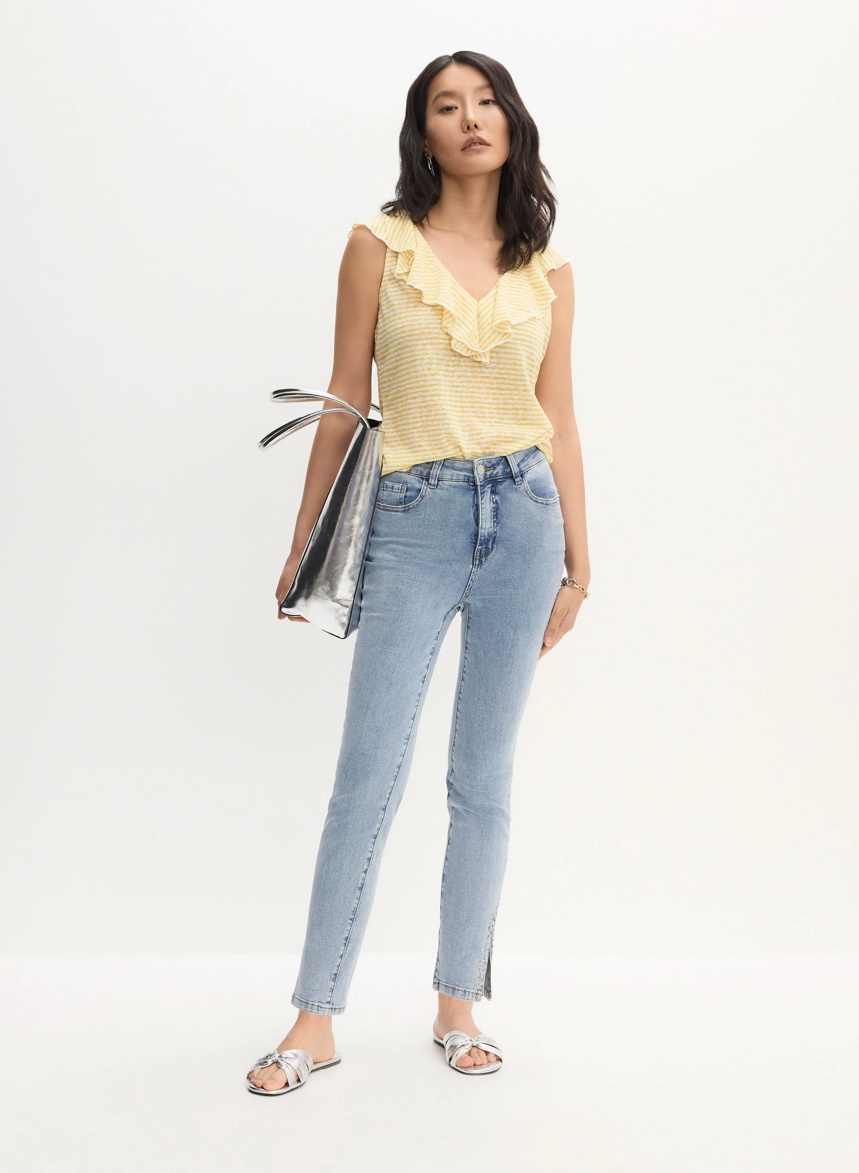 Sleeveless Striped Top & Rhinestone Detail Jeans