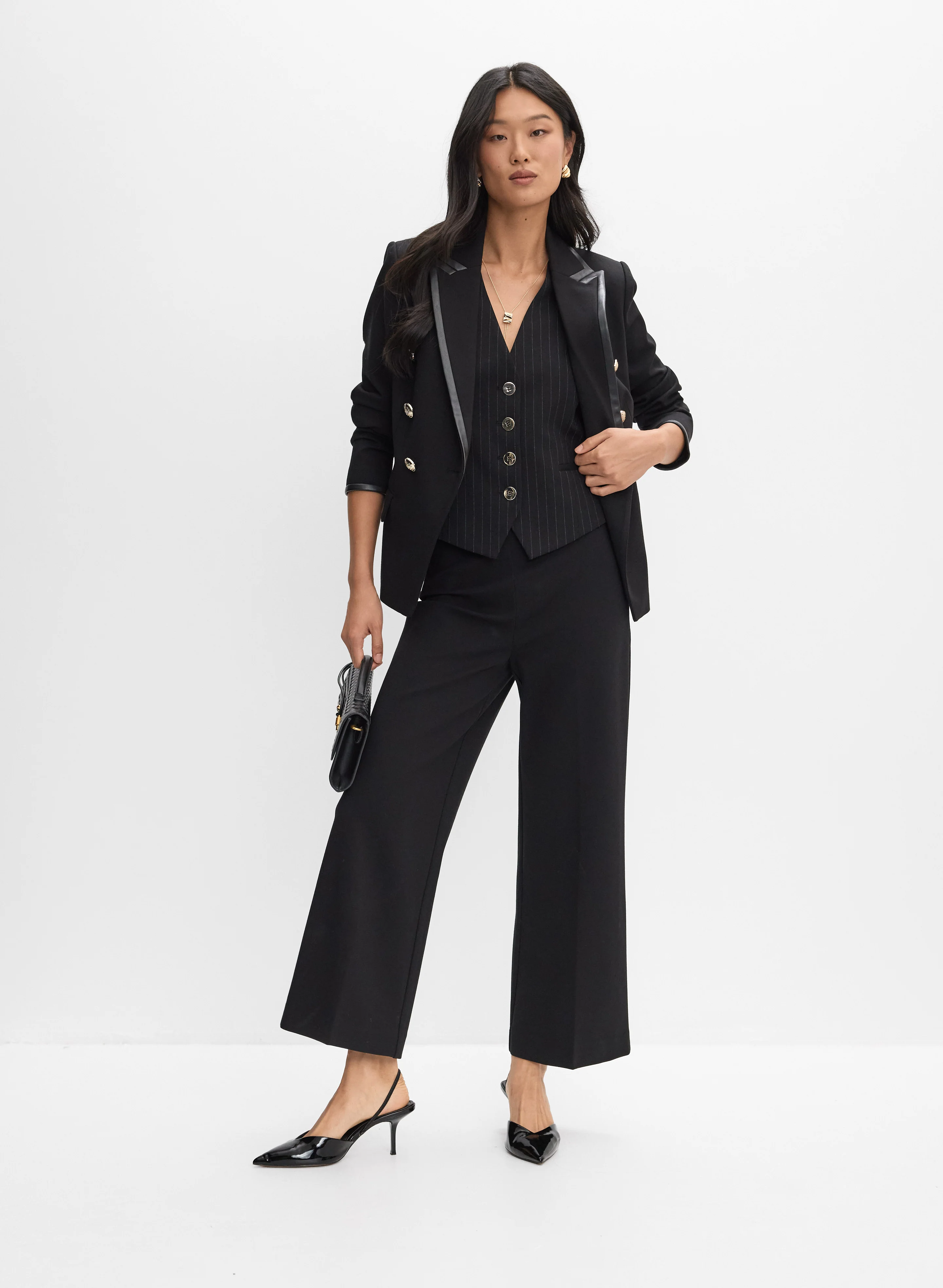 Vegan Leather Trim Blazer, Pinstripe Vest & Culotte Pants